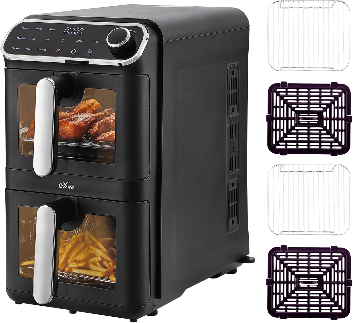 OLEIO Heißluftfritteuse 2 Kammern, Air Fryer 11 L, 2460 W, 2 Sichtfenster
