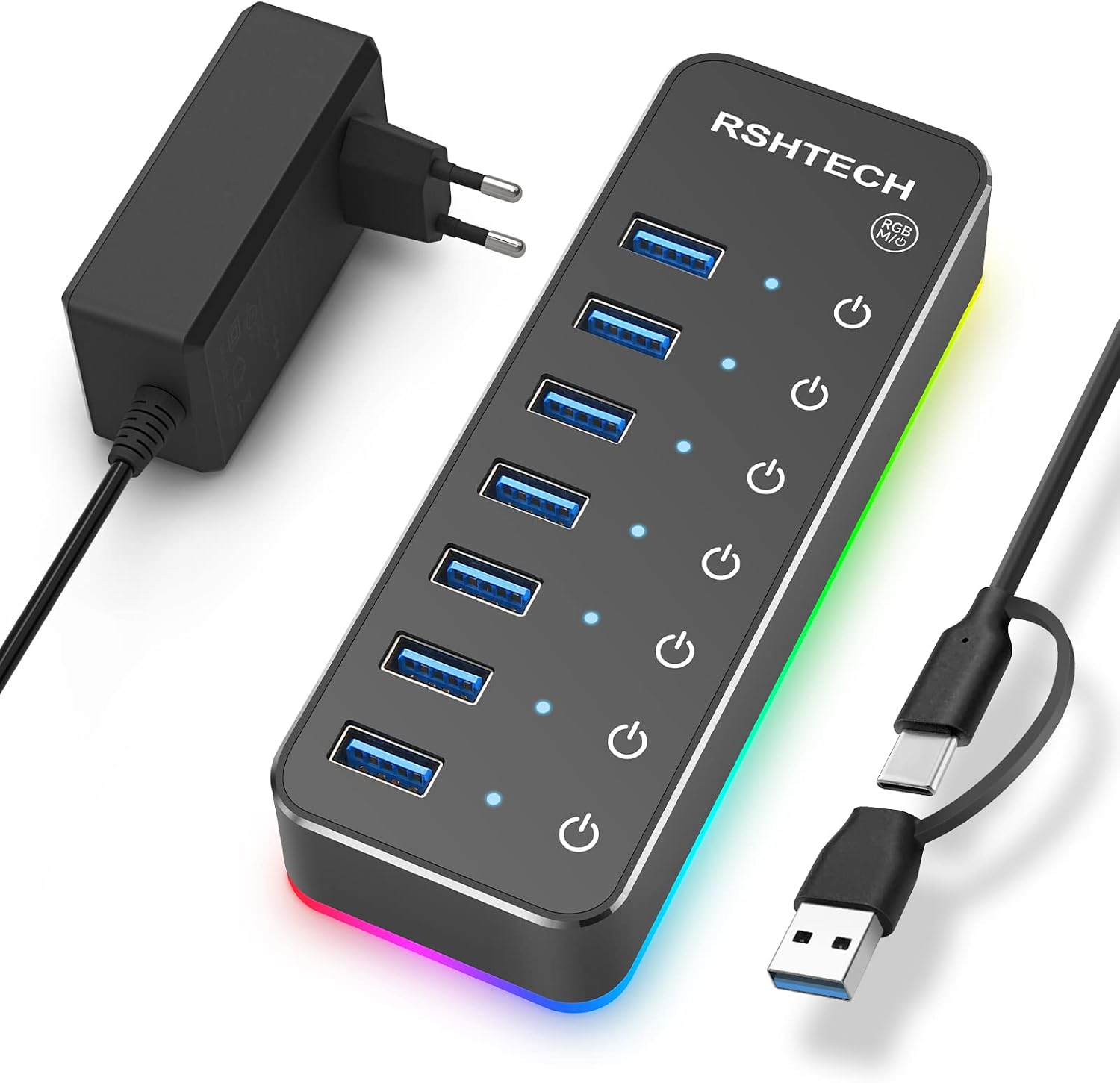 RSHTECH 10 Port USB Hub 3.0/3.2 Aktiv mit 60W Netzteil (12V/5A), RSH-ST10C