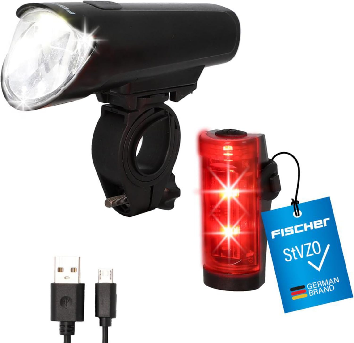 Fischer Fahrrad LED-Akku Beleuchtungs-Set small-Box, spritzwassergeschützt, wiederaufladbar