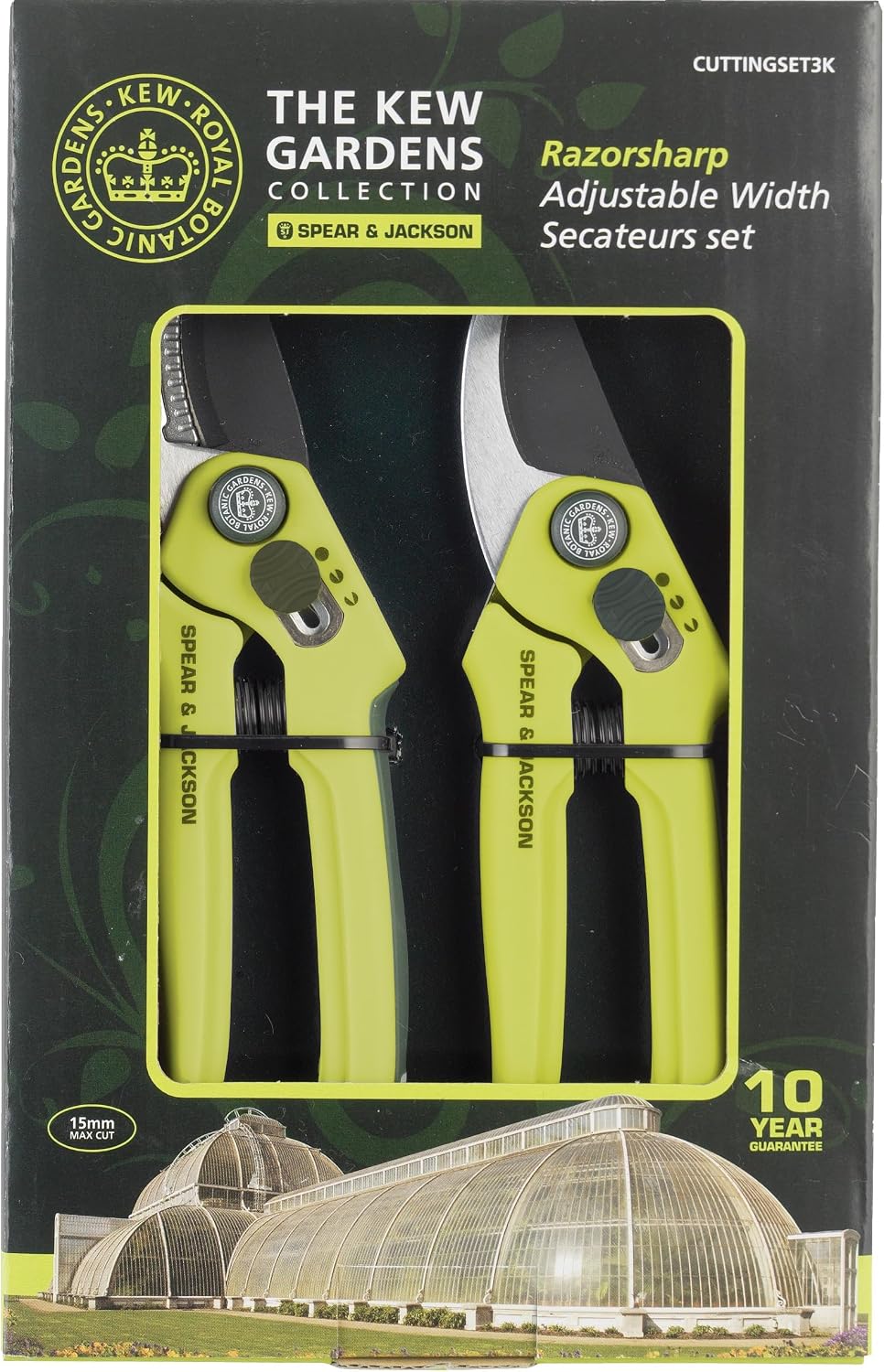 Spear & Jackson CUTTINGSET3K Kew Gardens Collection Verstellbares Bypass- & Amboss-Gartenscheren-Set – Hochkohlenstoffstahl, PTFE-beschichtet, Ergonomische Griffe für Komfort & Präzision