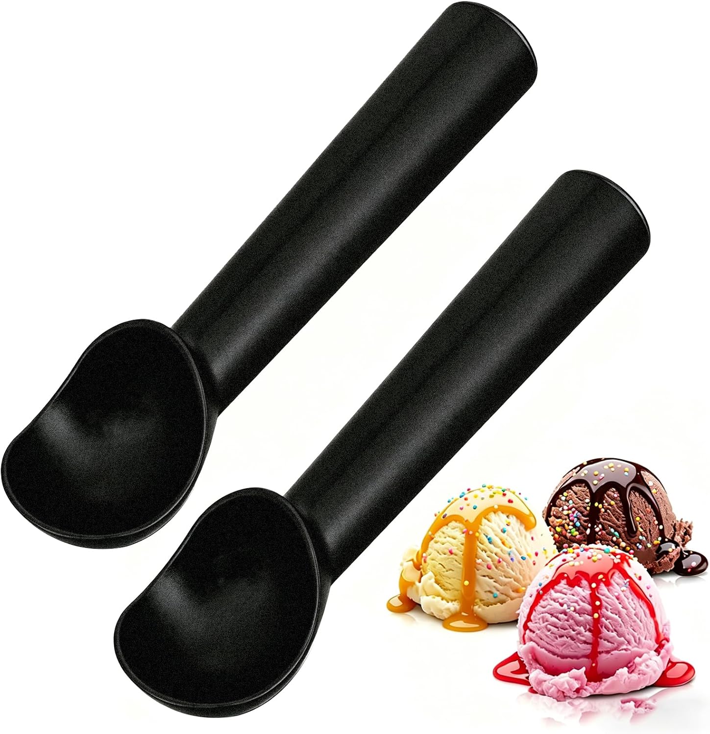 2PCS Eisportionierer, 18cm, Gefrierbeständiger Eisportionierer mit Antihaftbeschichtung, Robuster Eislöffel aus Edelstahl mit Ergonomischem Griff, Einteiliges Design für Schöne Eiskugeln, Schwarz