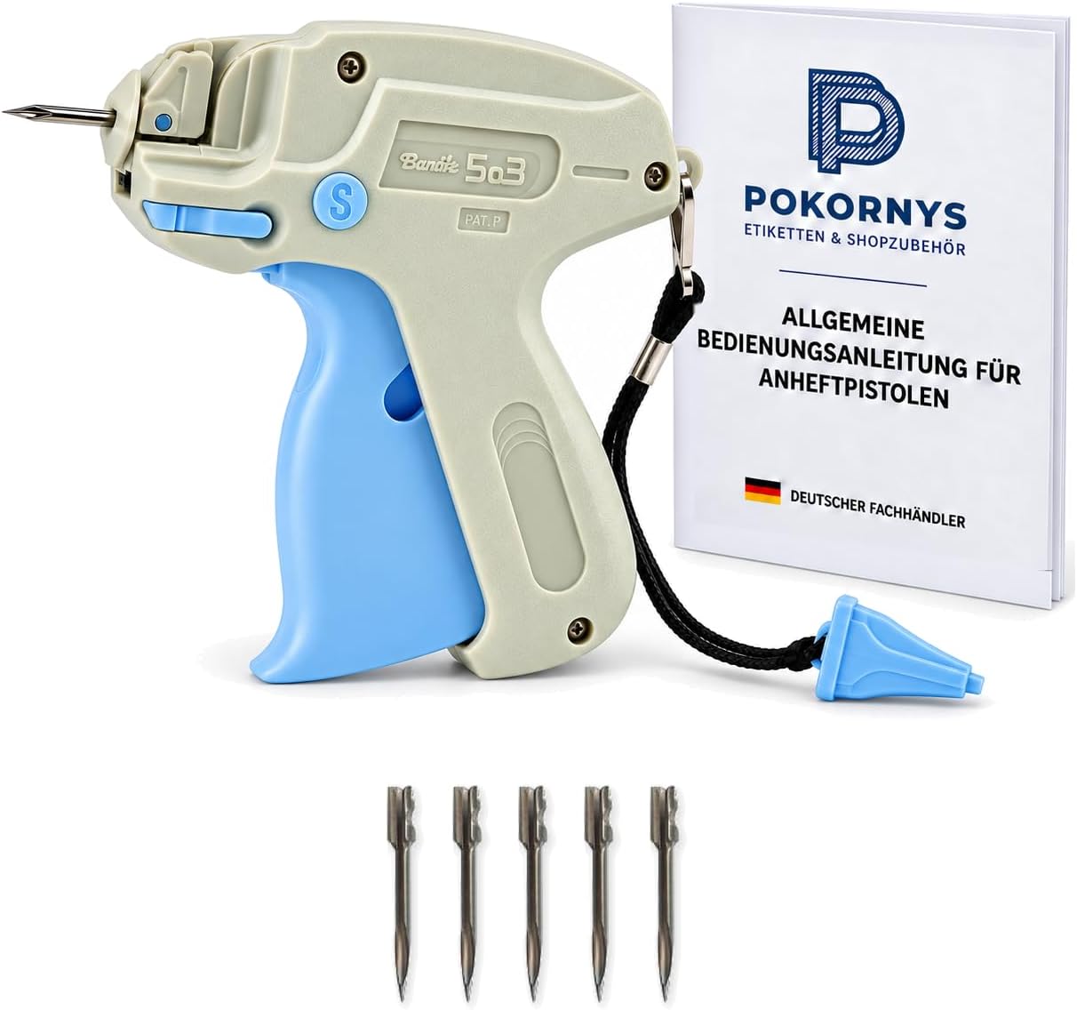 Pokornys - Etikettierpistole Banok 503S Standard - im Set mit 5 Ersatznadeln I Etikettiergerät zur Befestigung von Etiketten und Preisschildern an Textilien und Kleidung, wie Jeans, Handtücher, etc.
