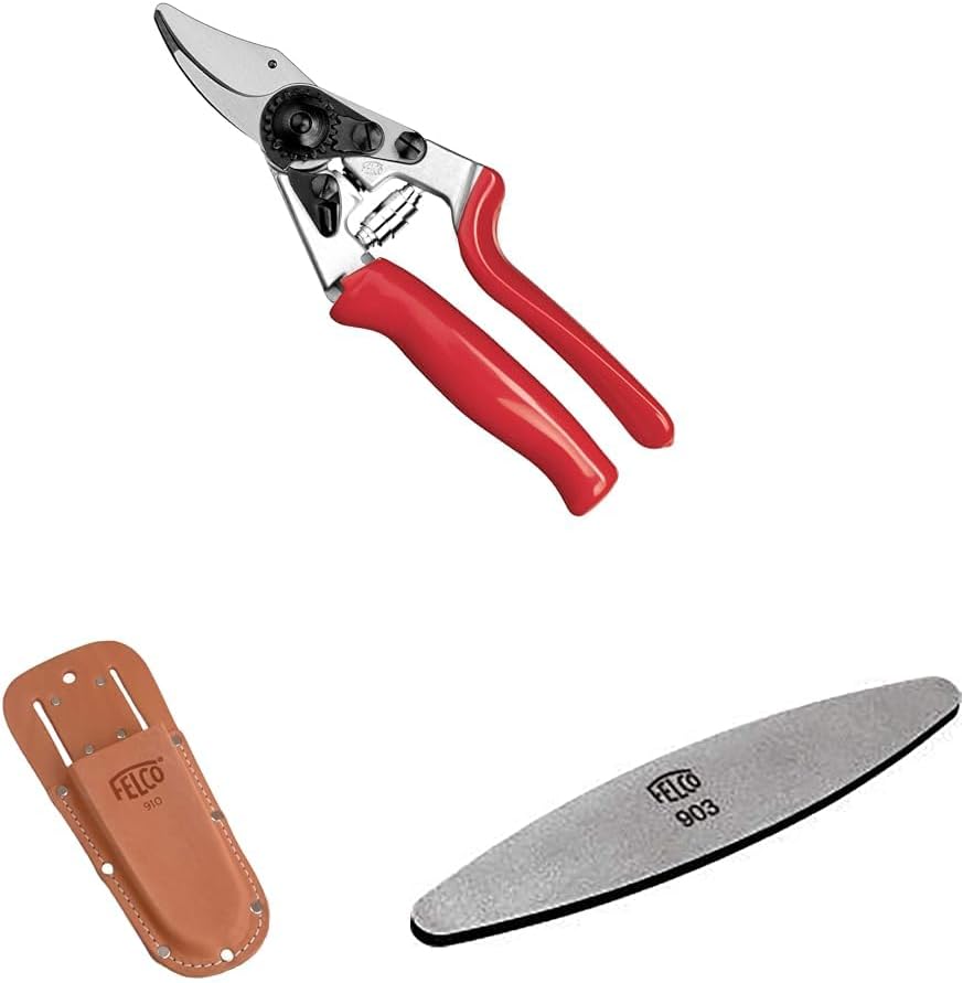 FELCO 7 Rollgriff-Gartenschere mit Lederholster 910+ und Schärfwerkzeug 903 – Ergonomisches Set für intensive Schnitte mit hoher Leistung