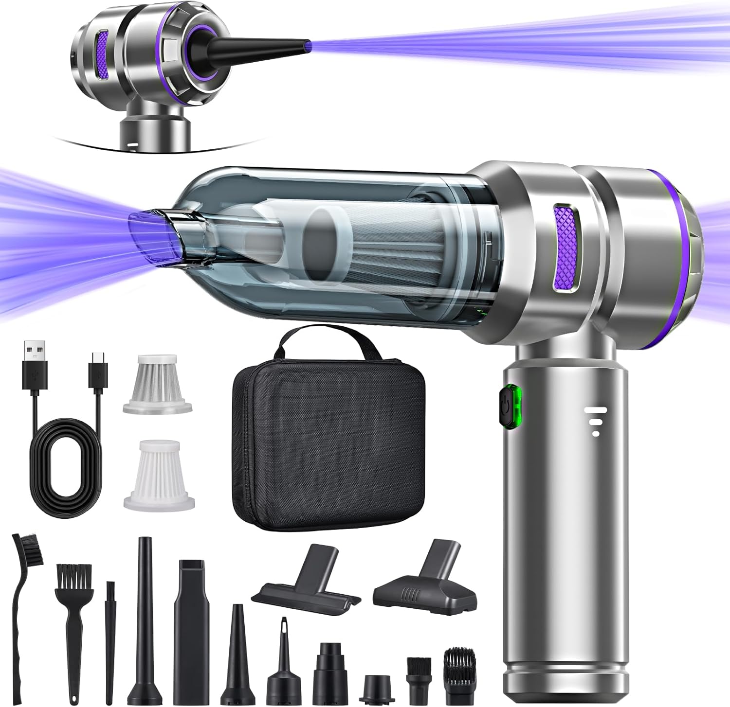 4-in-1 Handstaubsauger Akku,Auto Staubsauger Stark,28000PA Handstaubsauger Kabellos,3-Gang 240000 U/min Elektrische Staubgebläse Druckluftspray für Auto,Küche,PC,Sofa,Büro,Haus& Tierhaar Reinigung.