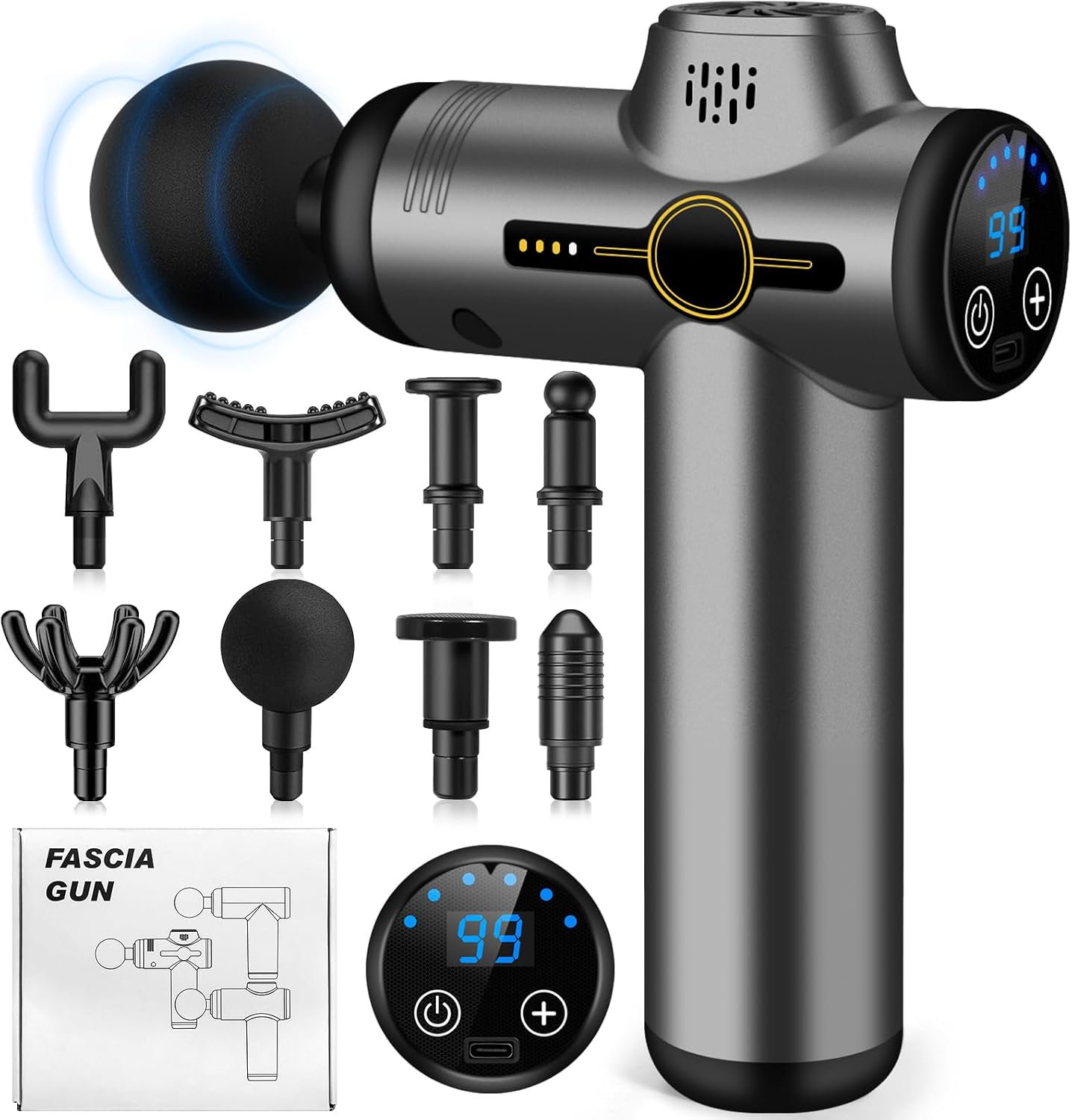 AQXONG Mini Muskelmassagepistole, Tragbares Elektrisches Massagegerät mit LCD Display, 99 Geschwindigkeiten, 8 Massageköpfe, Ultraleise Massagepistole 35DB, Wiederaufladbare Massagepistole