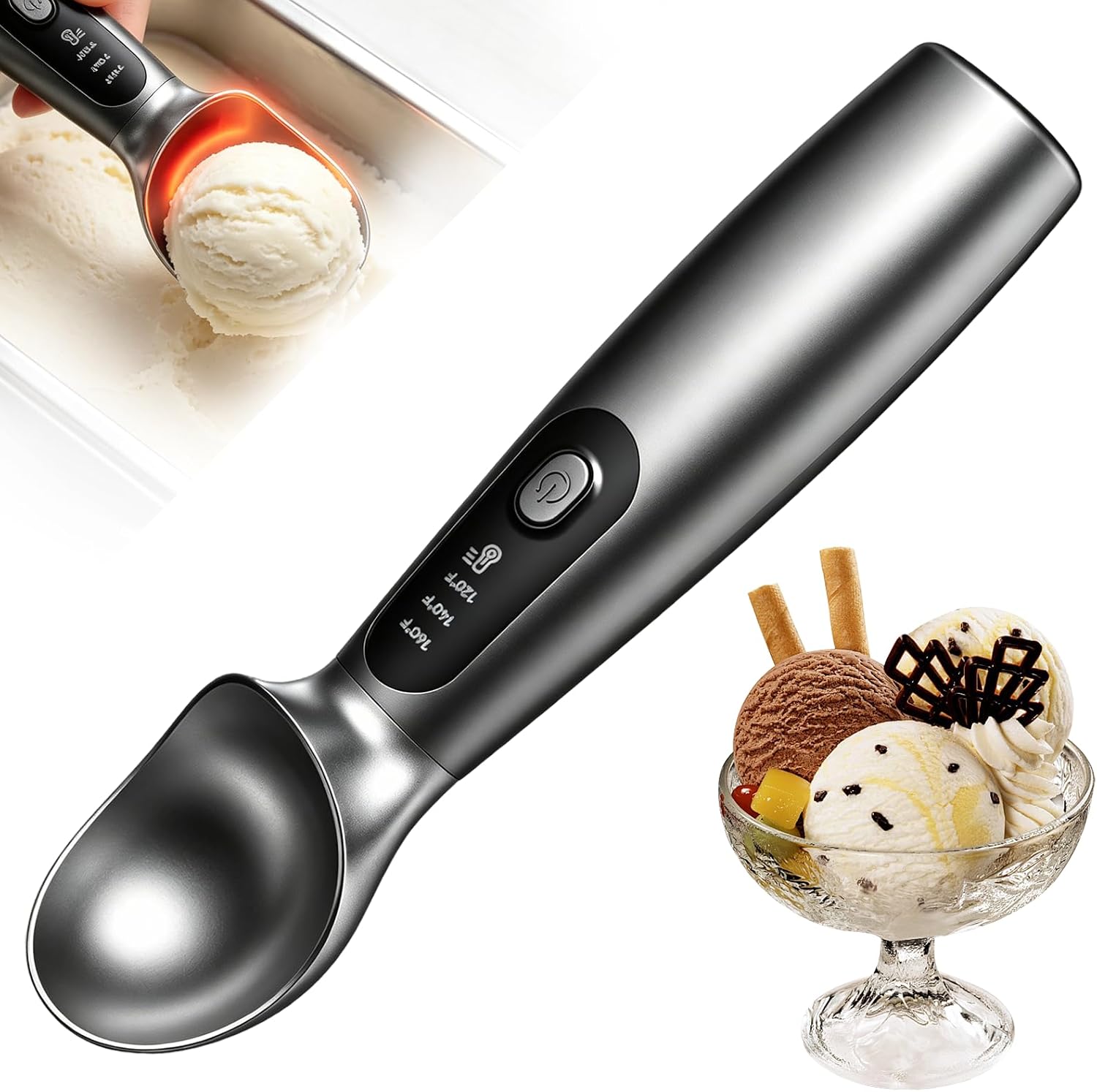 BRGD Weiß Beheizter Eisportionierer, Wiederaufladbarer Eislöffel mit 3 Stufig Einstellbaren Heizungen ＆ LED-Display für Hartes Eis & Gelato, IP67 Wasserdicht