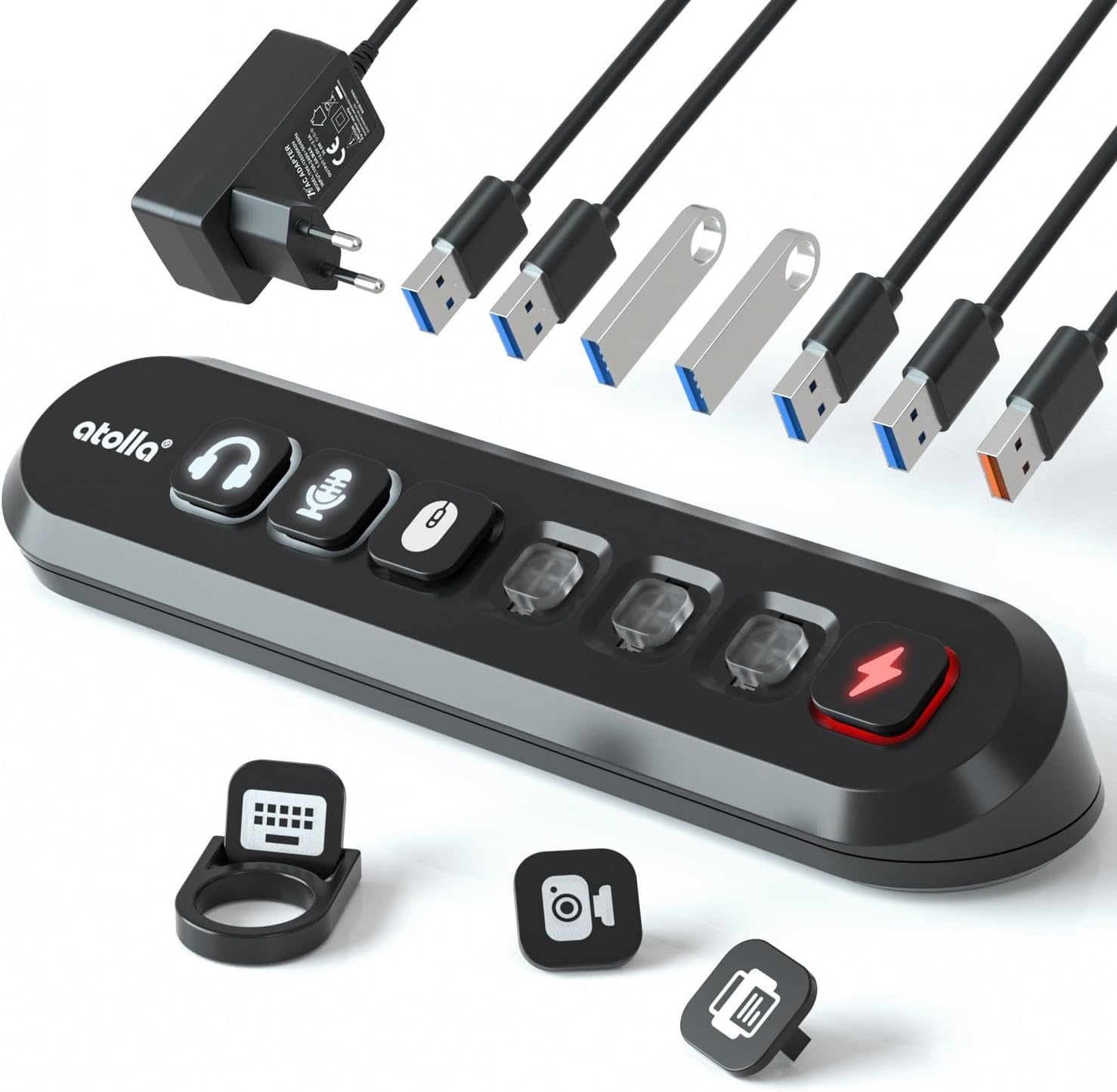 USB Hub Aktiv 3.0 mit Netzteil 36W, atolla Aktiver USB 3.0 Hub 5Gbps USB Verteiler und 1 Fast Charge Port, USB Hub mit 12V/3A Netzteil Adapter (1,5m Kabel) und Individuell EIN/Aus Tasten für PC Laptop