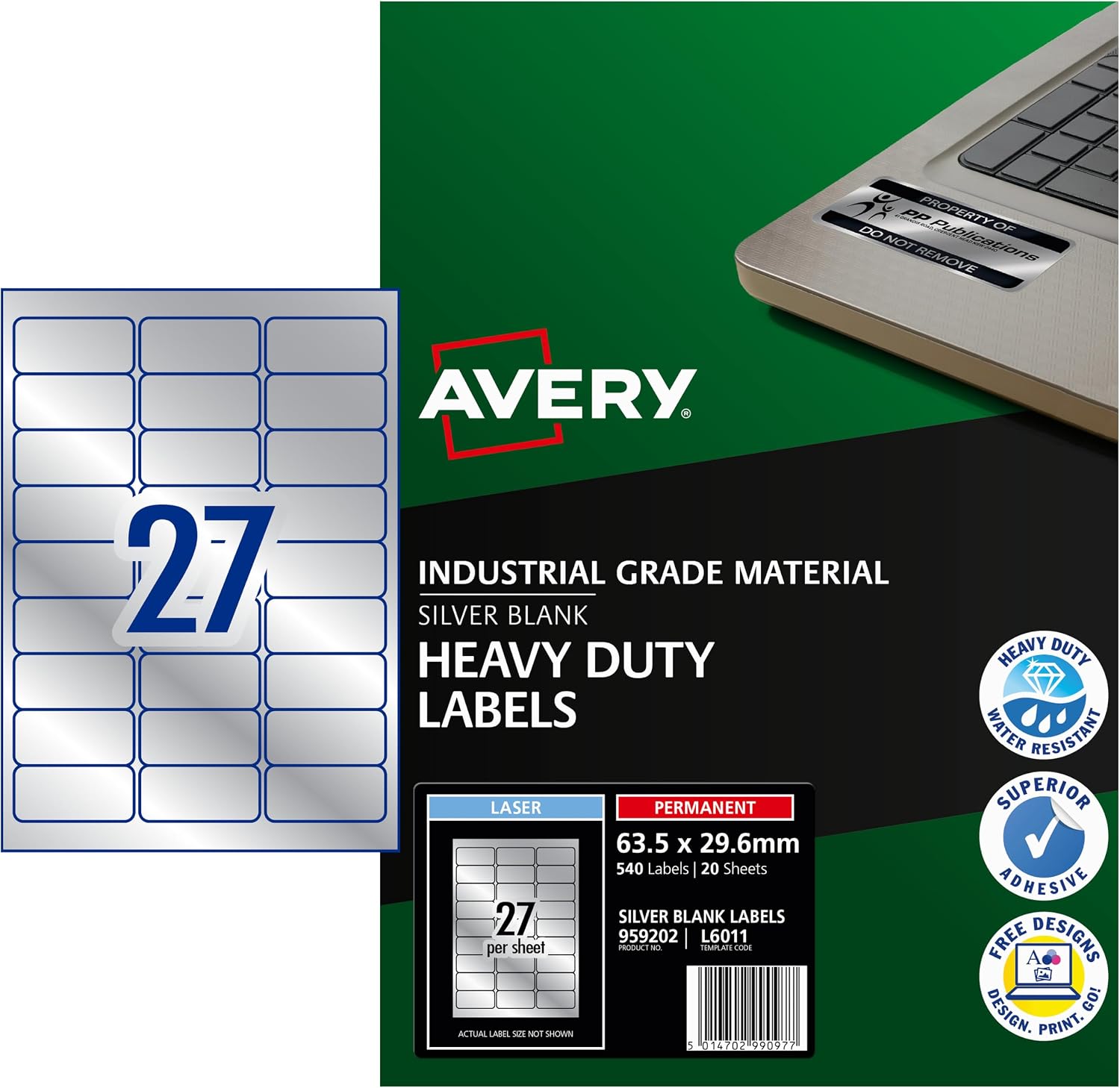 Avery L6011-20 Robuste Laseretiketten ( 27 Stück pro Blatt, 63,5 x 29,6 mm) 540 Etiketten in Silber