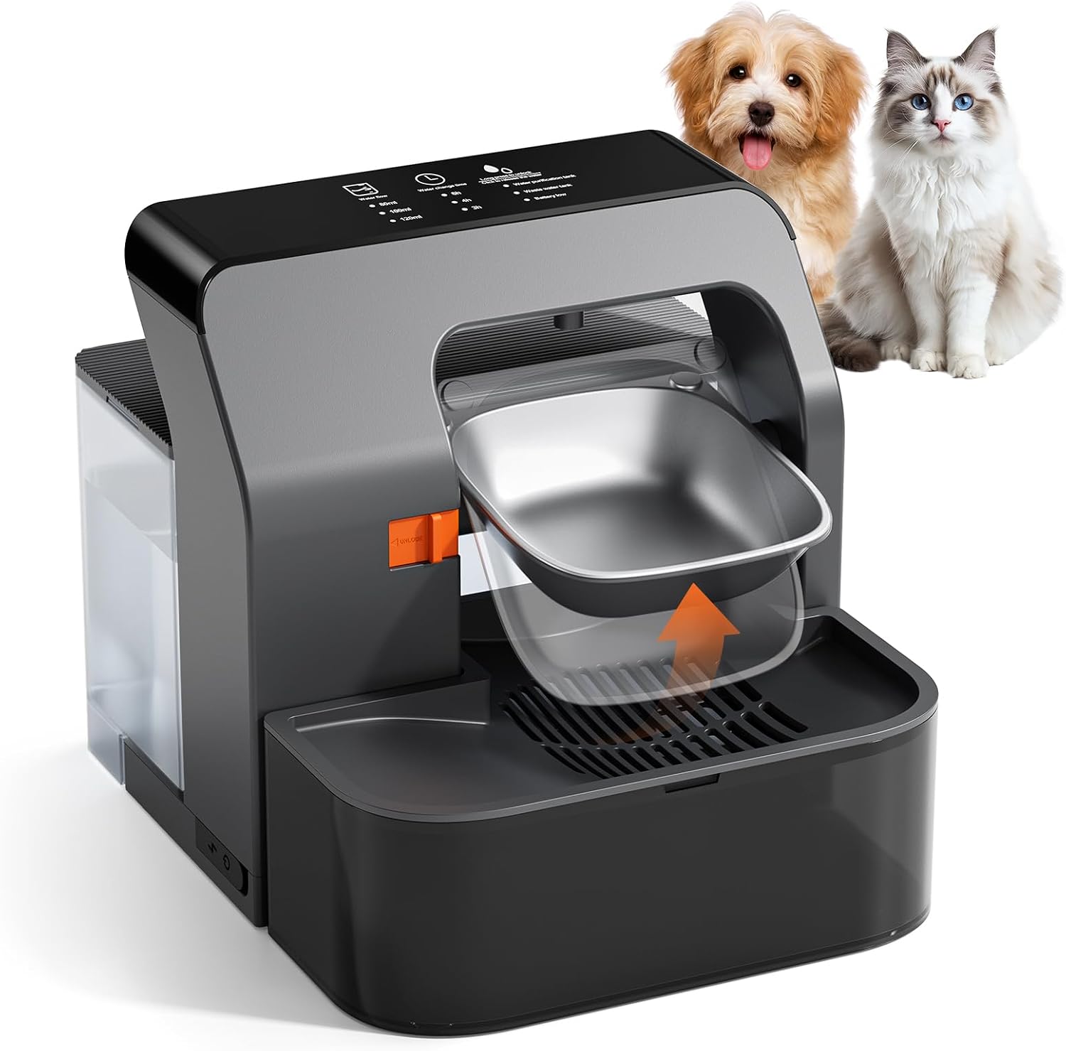 Trinkbrunnen für Katze Kabellos ohne Filter, 3,2L Katzenbrunnen mit Zeitgesteuertes Drehtablett, Akku 2200mAh (180 Tage Laufzeit), Trennung von Frisch und Abwasser, Wasserspender Katze Edelstahl,Leise