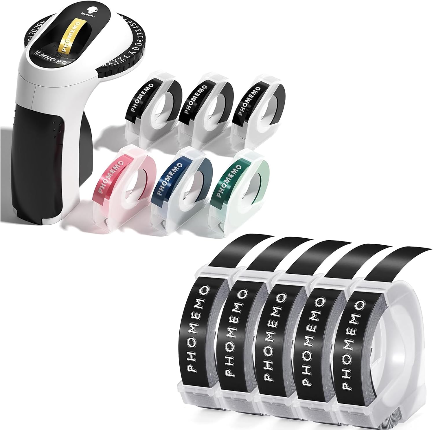 Phomemo Etikettiergerät mit 11 Etikettenband, 3D Prägegerät E975, Tragbarer Beschriftungsgerät, Schwarz Etikettenprägegerät, Ergonomisches Design, für Haus