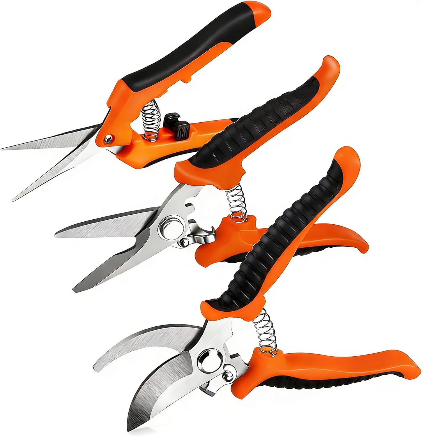 Gartenschere Set, Bypass Schere für frisches Holz, Rosenschere, Ernteschere Trimmschere Pflanzenschere für Äste, Blume, Bonsai Obst und Gemüse, Hochwertige Stahl-Klingen, Ergonomische Griffe, Orange