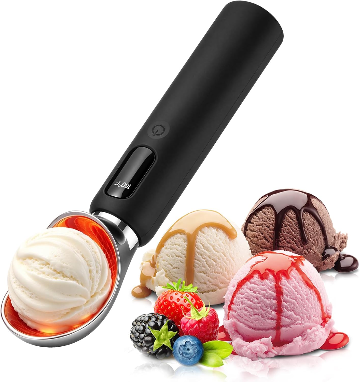 Beheizter Eisportionierer,Wiederaufladbar Elektrischer Eisportionierer mit 3 Heizstufen 2000mAh Akku & LED Display Heizbarer Eislöffel Portionierer für Hartes Eis Gelato Gefrorene Desserts