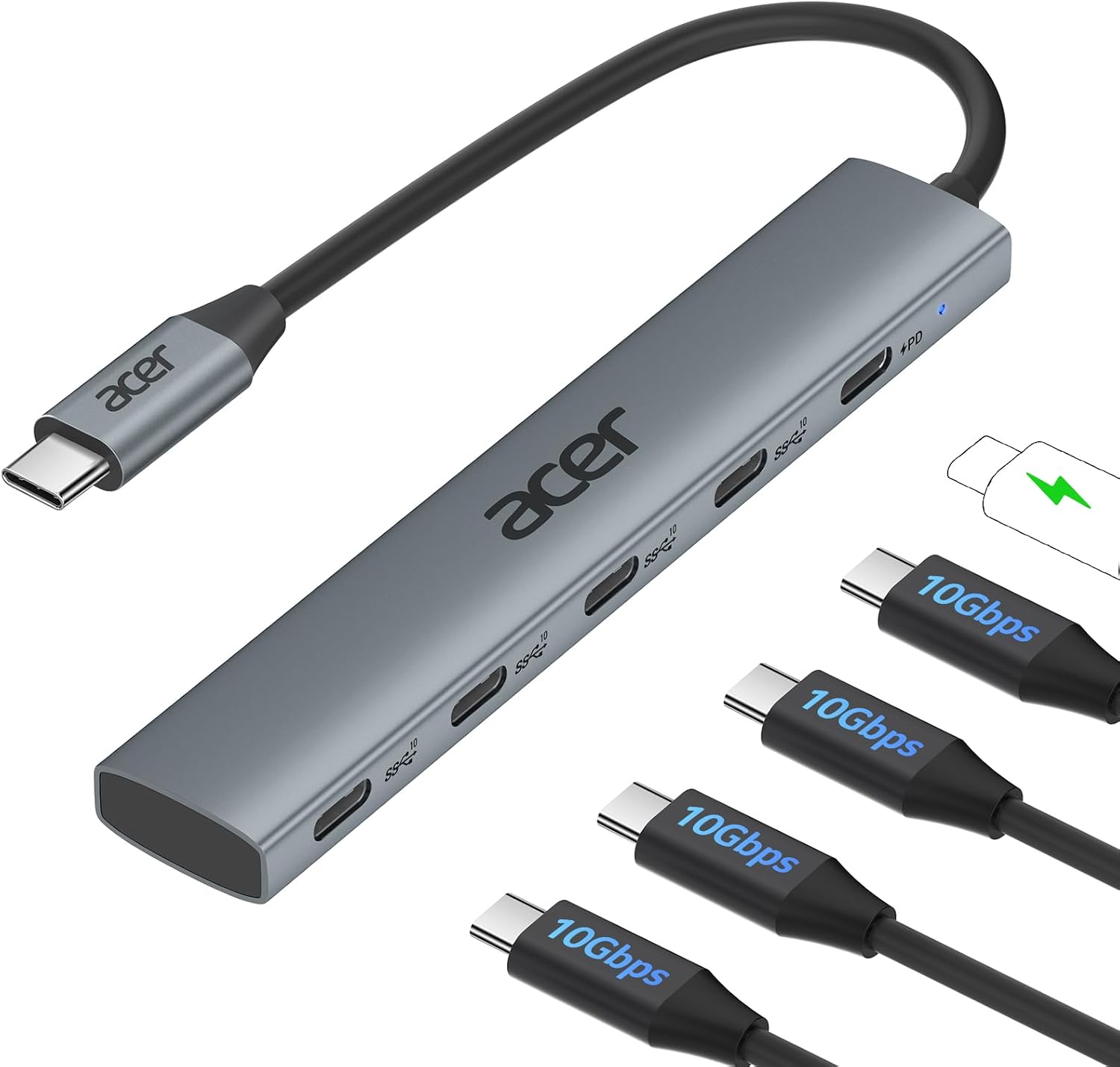 Acer USB C Hub 10Gbps mit Typ-C 100W Stromversorgung Ultra Slim 4*USB-C 3.2