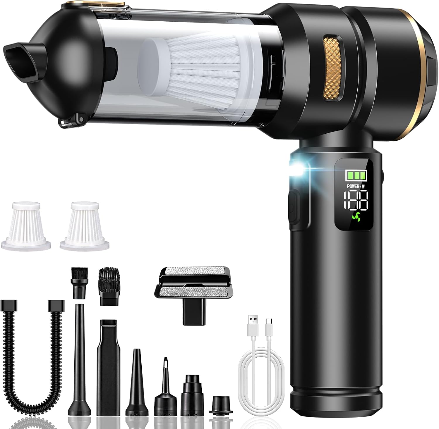 Handstaubsauger Akku 4-in-1, 32000Pa Auto Staubsauger Stark, Handstaubsauger Auto, LCD Display Autostaubsauger, Bürstenlosem Motor, 3-Gang 300000 U/min Staubsauger für Auto/Büro/Tierhaare