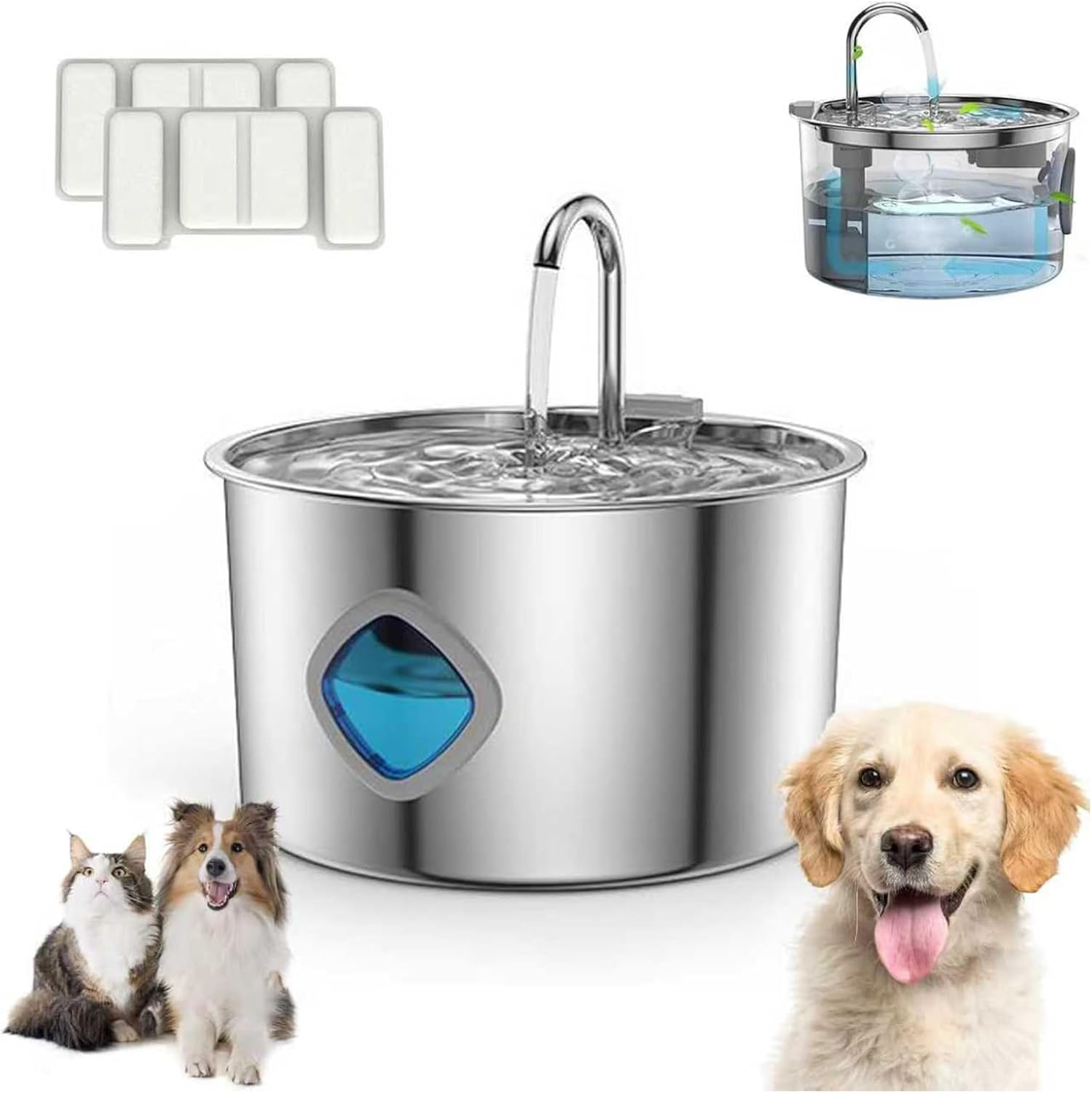 Katzenbrunnen Edelstahl 2.0, Trink Tiger Nordflow Mini Leise, Nord Flow für Katzen & Hunde, für Familien mit Mehreren Haustieren (3.2 L, with 2 Filters, Silber)