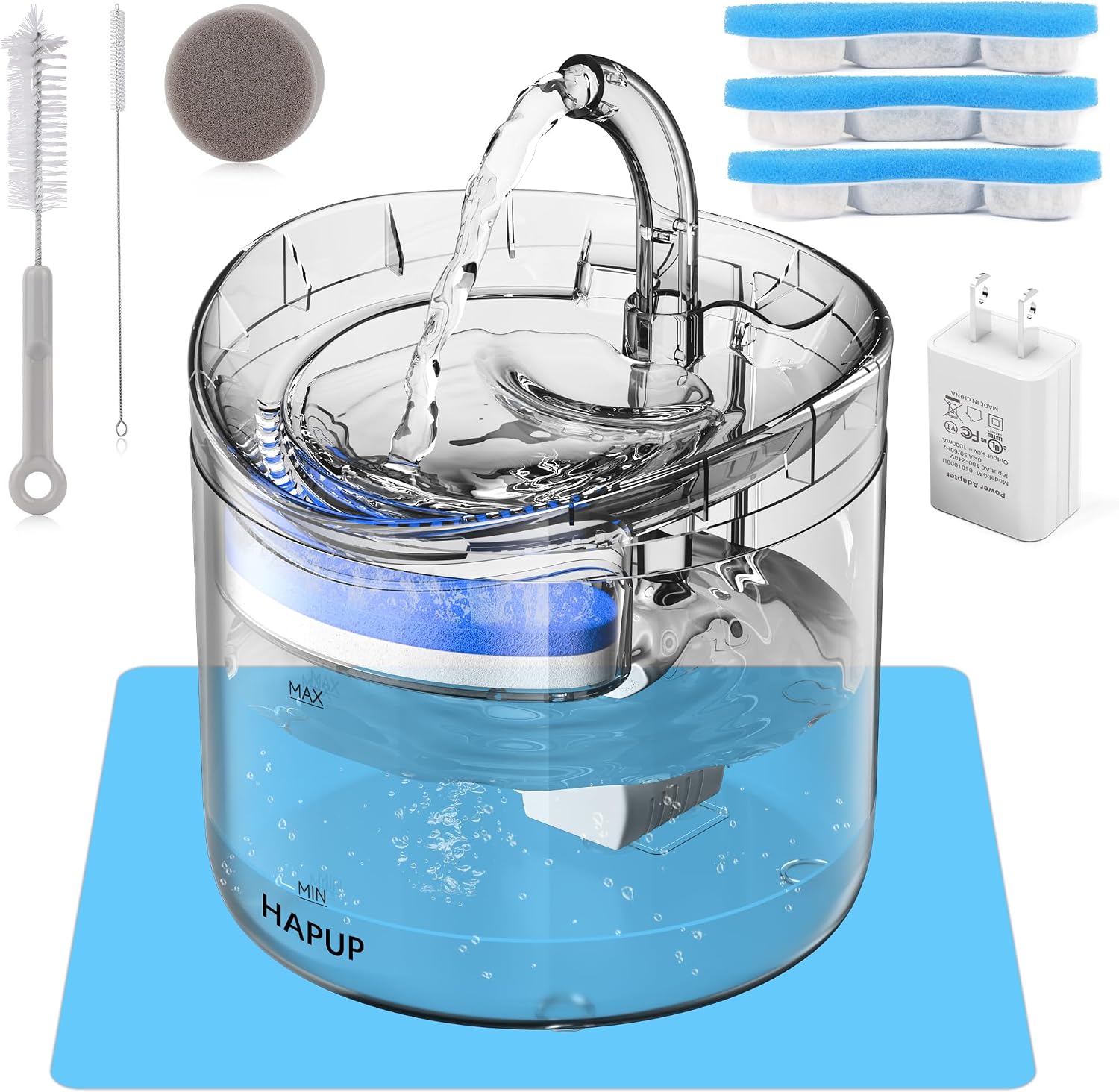 HAPUP Katzenbrunnen Trinkbrunnen Für Katzen Wasserspender 1,8L Transparentes Rundes Wasserfontäne mit 2 Auslaufmodus 2 Aktivkohlefilter 1 Ultra-leise Einstellbarer USB Pumpe