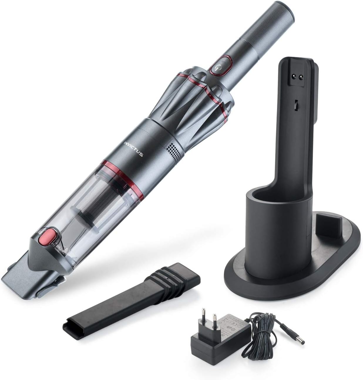 Genius Invictus One Version 1.0 Set 9-teilig anthrazit - Handstaubsauger mit maximaler Power im Handformat - Beutelloser und kabelloser Akku Handsauger 90 W BLDC Motor + Zubehör