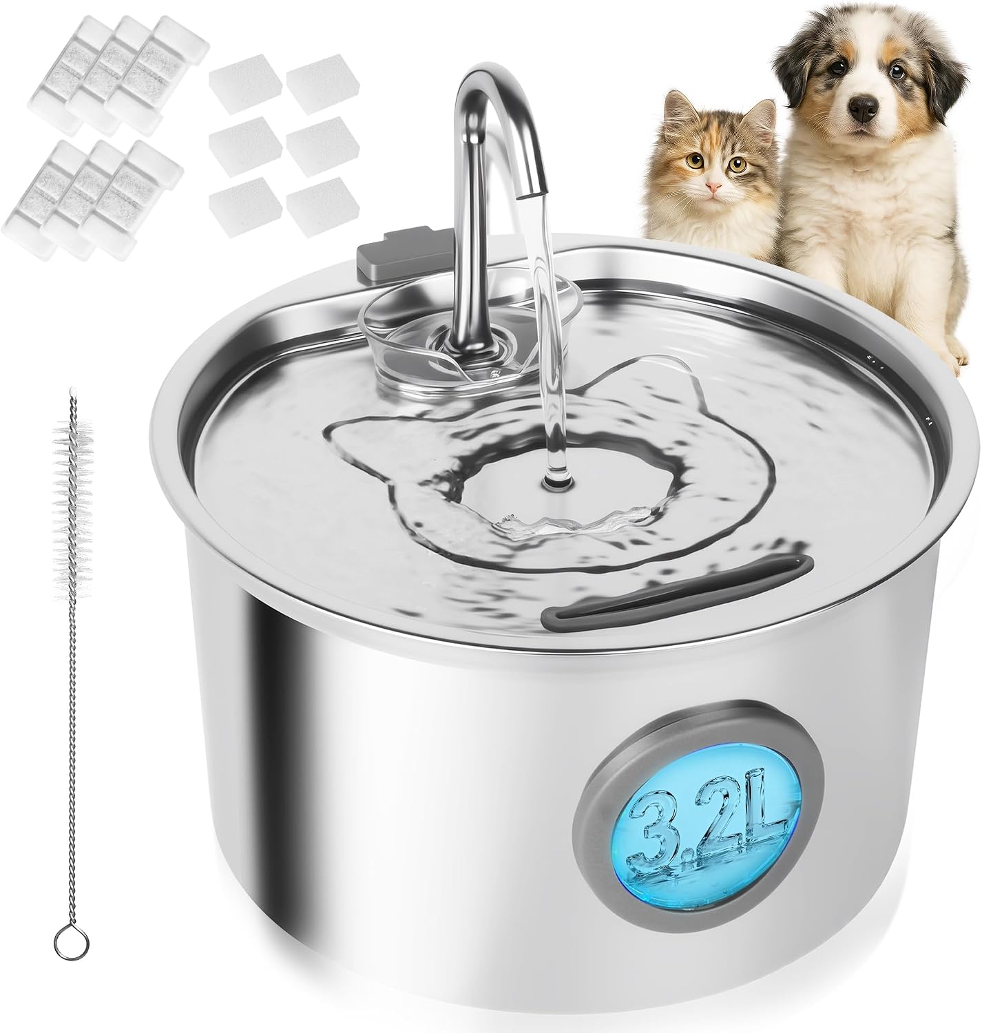 Katzenbrunnen Edelstahl: 3,2 L, Ultraleise Trinkbrunnen Für Katze -Trinktiger Katzenbrunnen Mit 6 Filterkartuschen, 6 Filterpads Und USB-LadegeräT, SpüLmaschinenfest, Mit Wasserstandsanzeige