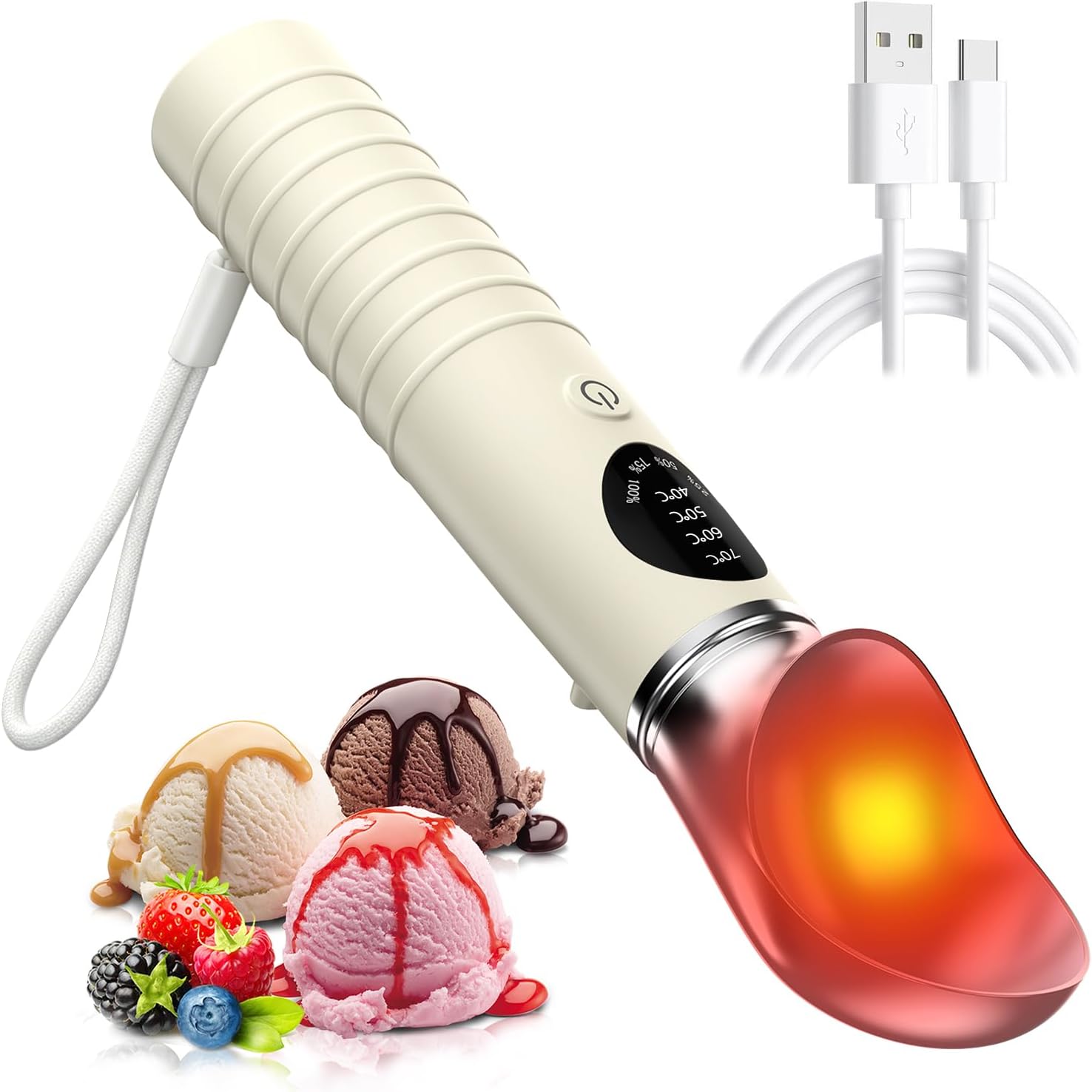 Elektrisch Beheizter Eisportionierer Edelstahl, Wiederaufladbarer Eislöffel Portionierer mit 4 Temperaturstufen & Led-Display, 2500mah Akku Eis Scoop für Speiseeis, Gelato und Gefrorene Desserts