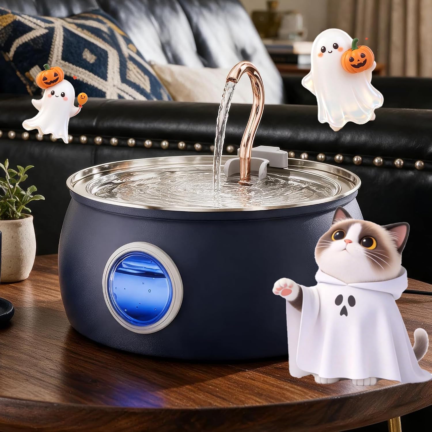 Tomxcute Katzenbrunnen Edelstahl 4L, Trinkbrunnen Blau mit Schwanenhals
