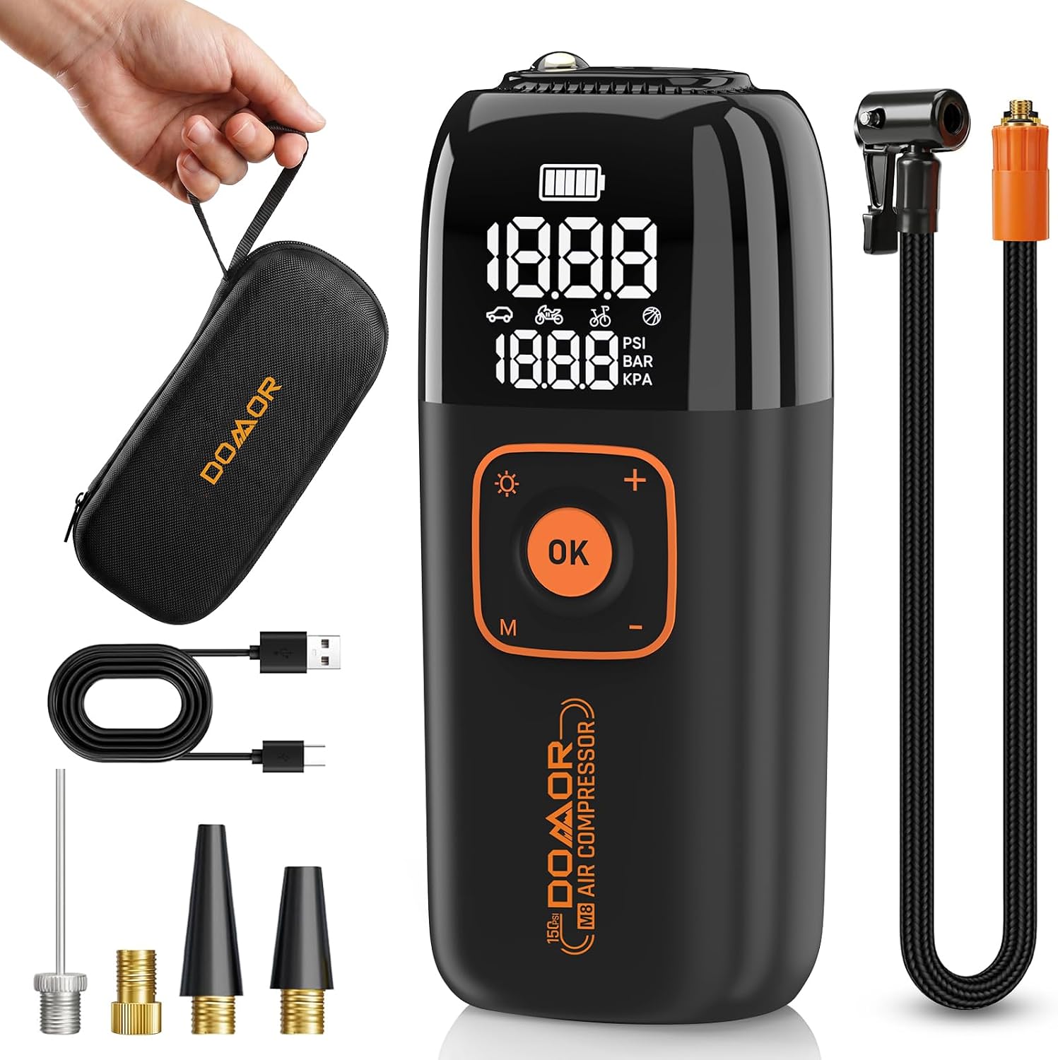 Elektrische Luftpumpe, 150 PSI Tragbare Akku Kompressor 6000mAh, Wiederaufladbarer Luftpumpe Fahrrad mit LED-Licht, Elektrische Fahrradpumpe für Auto, E-Bike, Motorrad