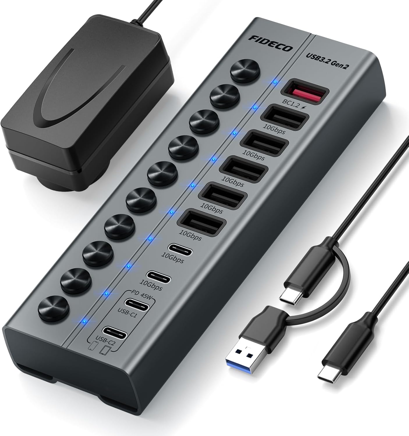 FIDECO 10 Ports USB Hub mit Netzteil, USB Hub Aktiv mit 1 BC1.2, 2 PD 45W Charging Port und 7 USB 3.2 10Gbps Ports (5 USB A+2 USB C), Aluminium USB C Hub für Laptop, PC, MacBook, iPhone 17/16/15