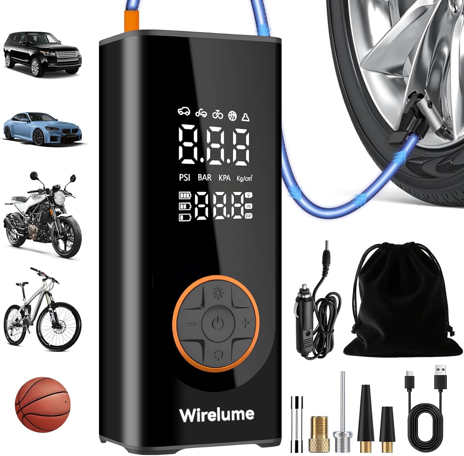 Kabelloser Elektrische Luftpumpe 150PSI 6000mAh Akku Kompressor Fahrradpumpe Mini Tragbare Reifenpumpe mit LED-Licht & Auto-Stopp Wiederaufladbare Autoreifenpumpe DC 12 V