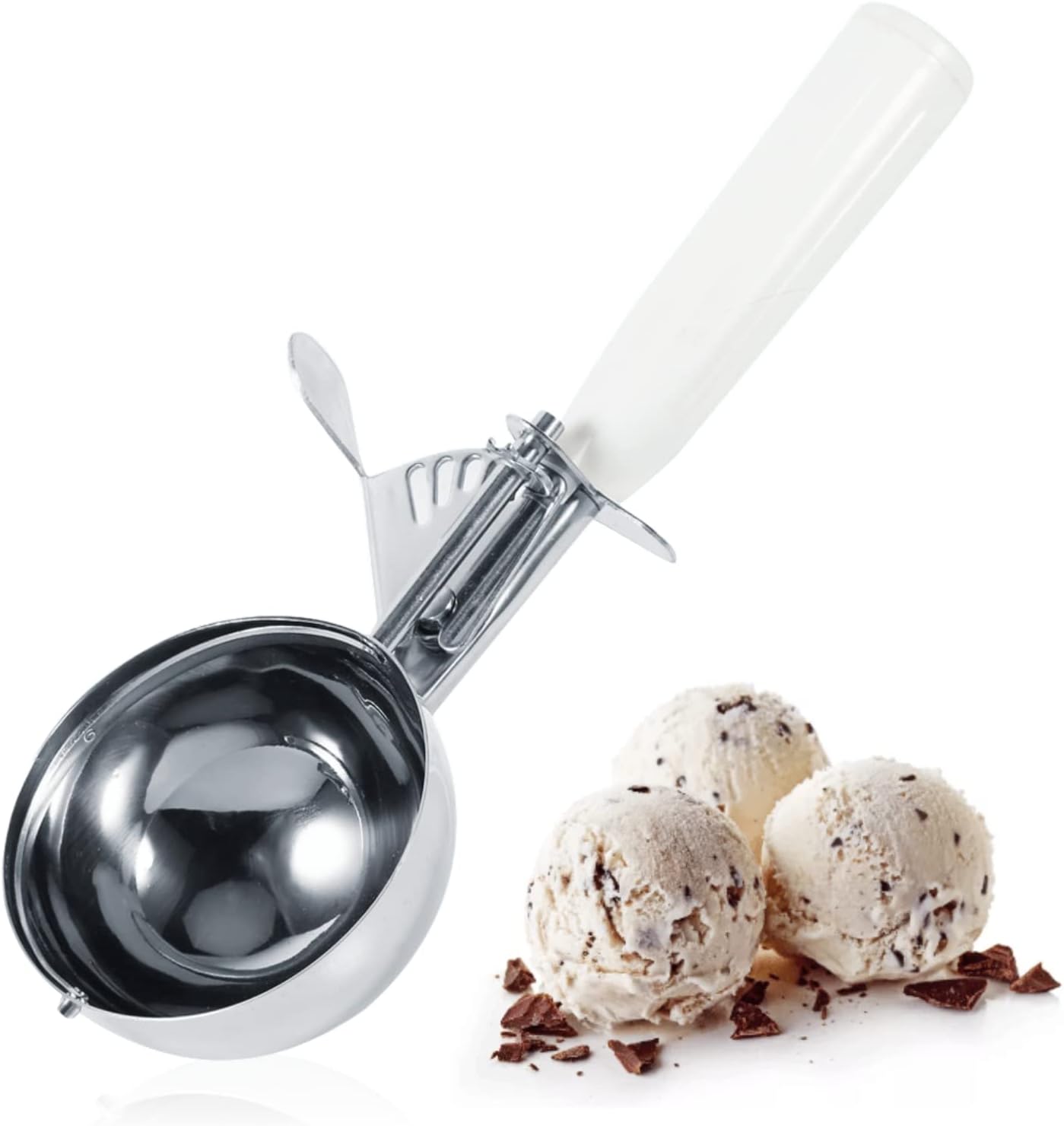 Eisportionierer 8 cm, Poliert Edelstahl Eislöffel, Portionierer für Eiscreme, Reis, Melonenkugeln, Plätzchen, Kuchen, Obst, Kartoffelbrei, Teig, Küchenwerkzeug mit Bequeme Kunststoffgriff (Weiß)