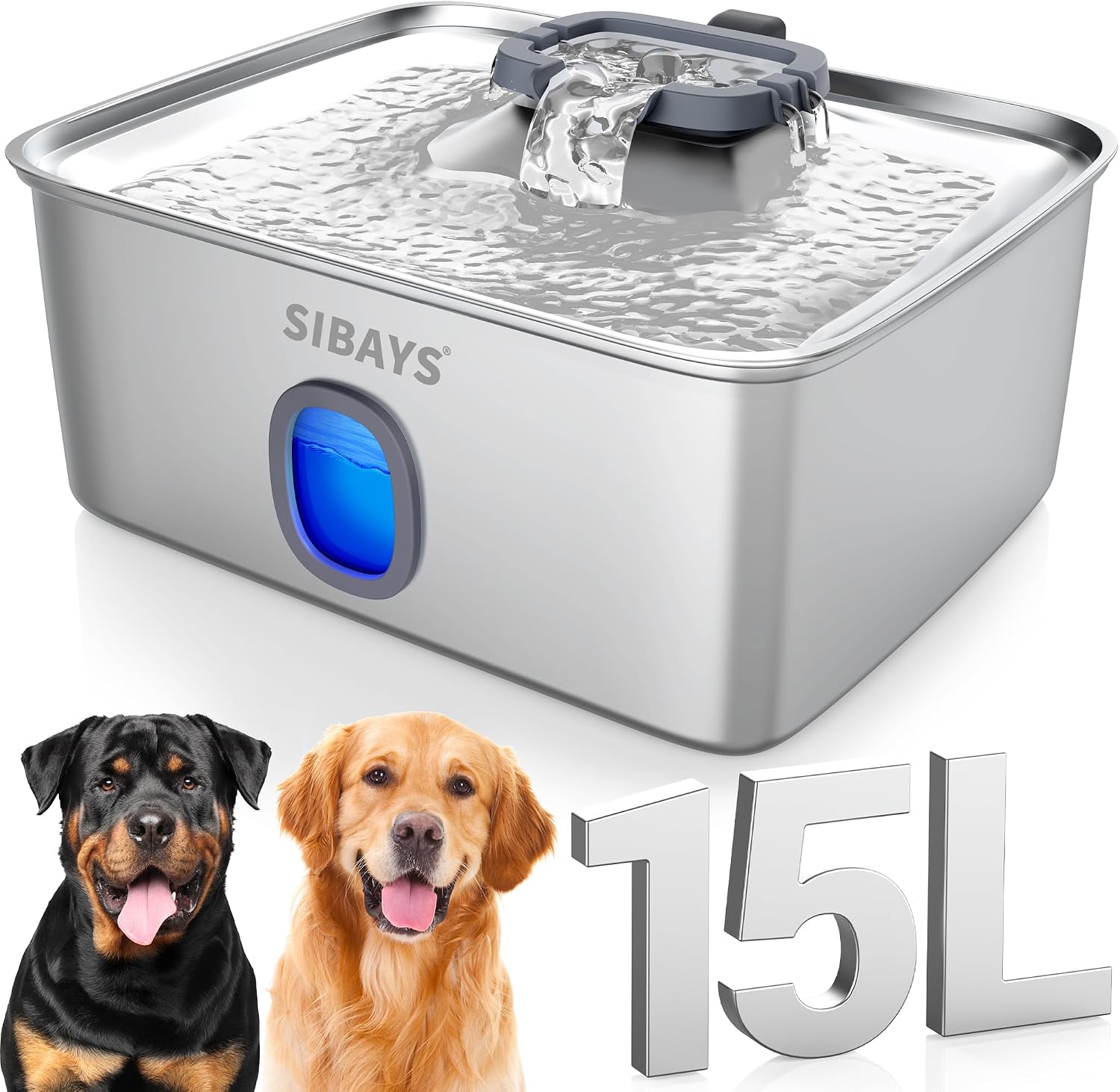 15L Trinkbrunnen für Katze, Großer Edelstahl Trinkbrunnen für Hunde mit tieferer & breiterer Trinkfläche, Ultra-leiser Katzenbrunnen mit LED & Sichtfenster - Ideal für große Hunde, Mehrere Haustiere