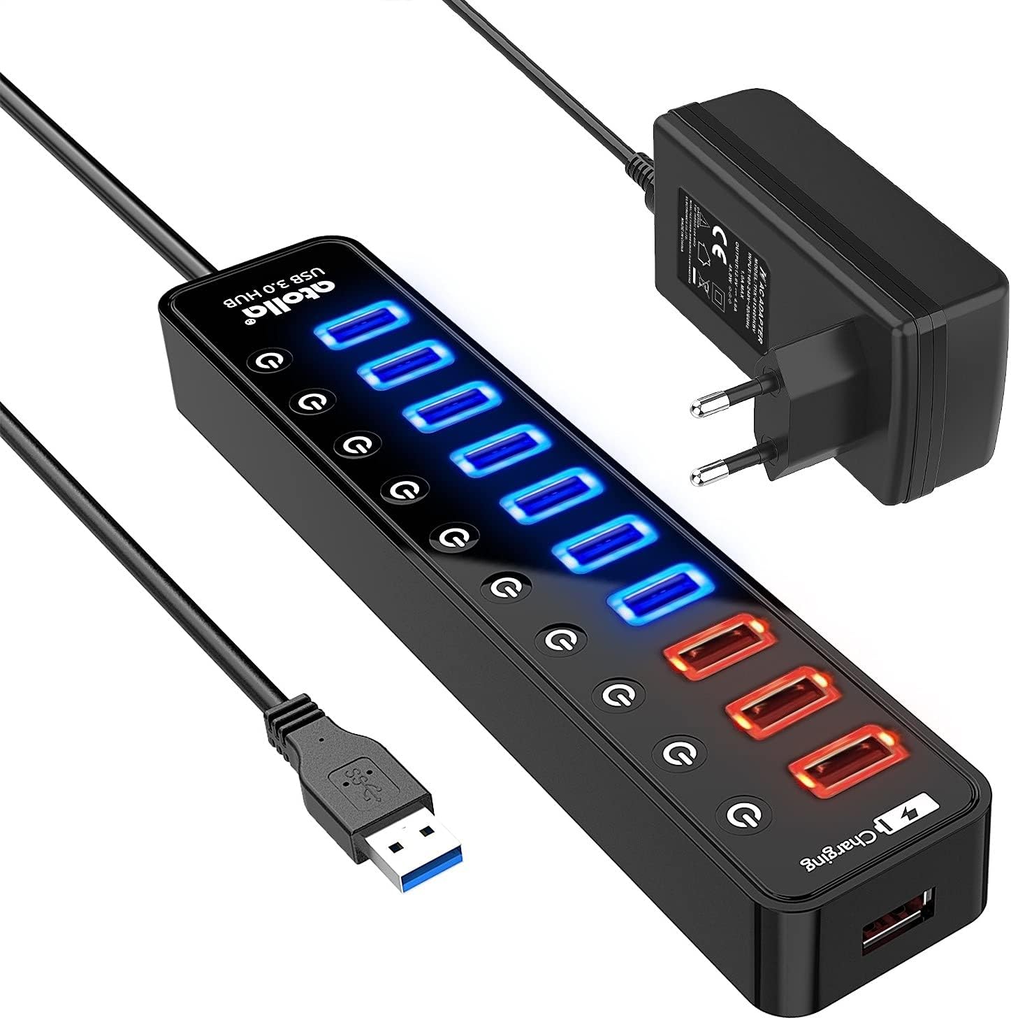 USB Hub mit Netzteil, atolla USB 3.0 Hub Aktiv mit 4 Ports SuperSpeed Datenübertragung und Schalter, USB Verteiler mit Intelligenter Charging Port und 15W(5V/3A) Netzteil Adapter