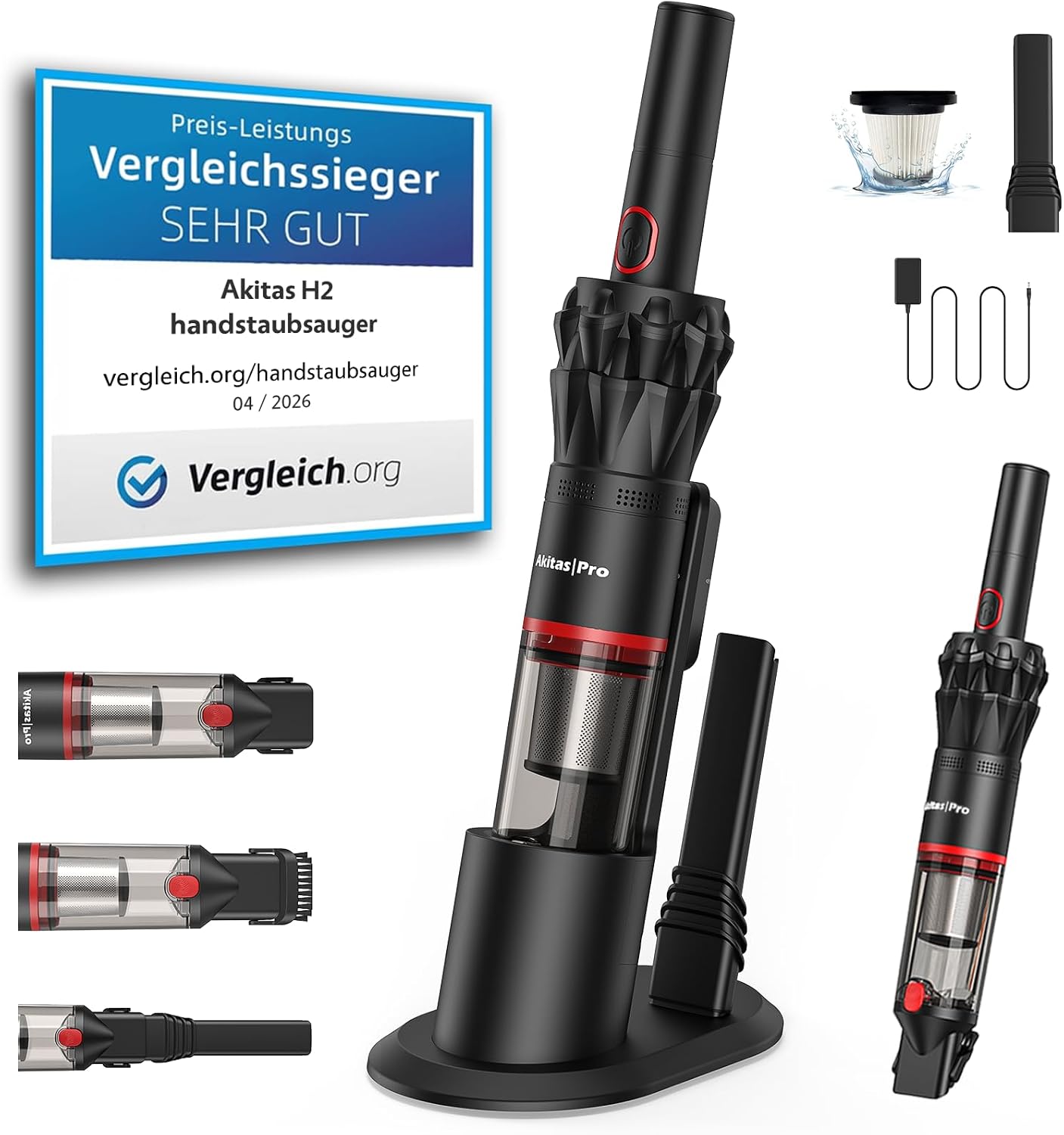 Akitas Pro H2 Handstaubsauger, Handstaubsauger Akku - 0,5 kg Ultra-Leichter Staubsauger: Bis zu 26 Min. Laufzeit, HEPA- & Stahlfilter, 2-in-1 für Auto, Sofa & Zuhause