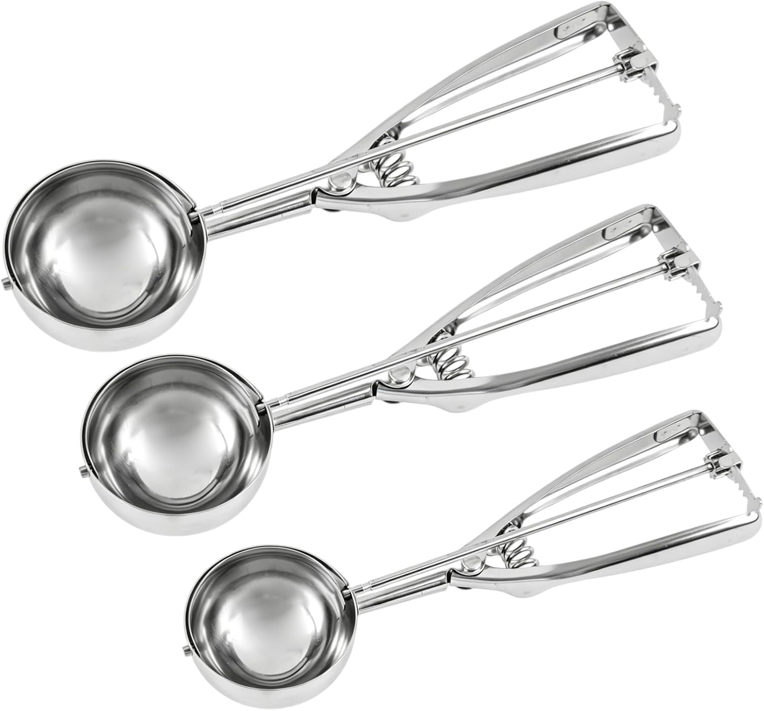 Keksportionierer Set aus Edelstahl, 3 Verschiedene Größen (1 EL, 2 EL, 3 EL), Eisportionierer mit Auslösemechanismus, Perfekt für Kekse, Muffins, Fleischbällchen, Melonenkugeln und Eiscreme, Spülmasch