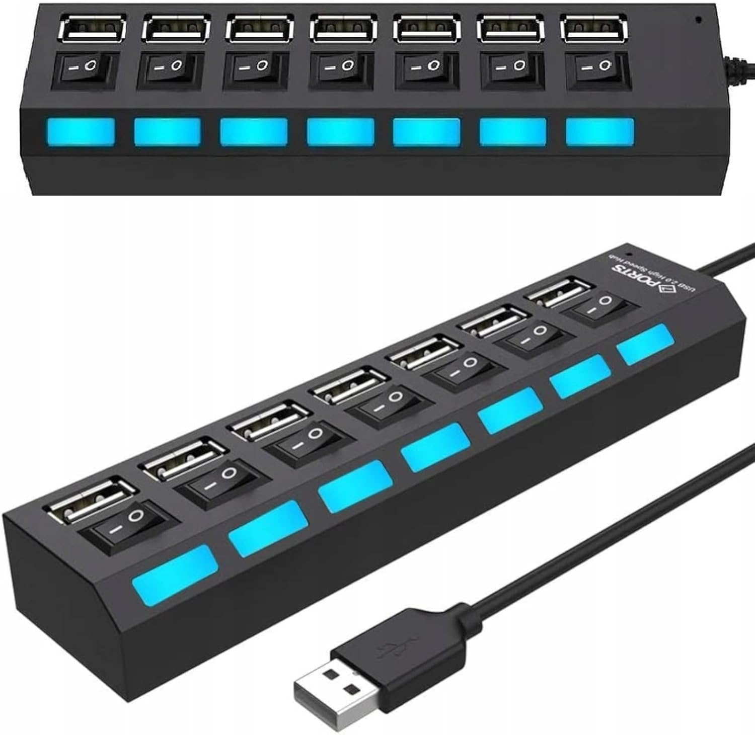 Retoo Hub USB 7 Port Adapter mit Power Schalter und LED Datenhub Aktiv mit EIN/Aus-Schalter fur PC Laptop Powerbank USB Mehrfach Ports Verteiler mit Langes Kabel Multiport