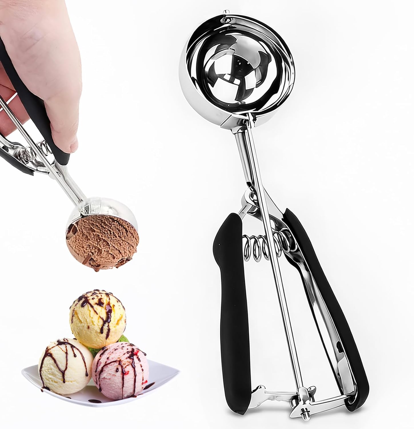 TIANLIN Eisportionierer aus 304 Edelstahl mit Auslöser (23x3 cm) – Eiskugelformer Schwarz, Spülmaschinenfest, Vielseitig Einsetzbar für Eiscreme, Melonenkugeln, Kartoffelpüree, Teig und Kuchen