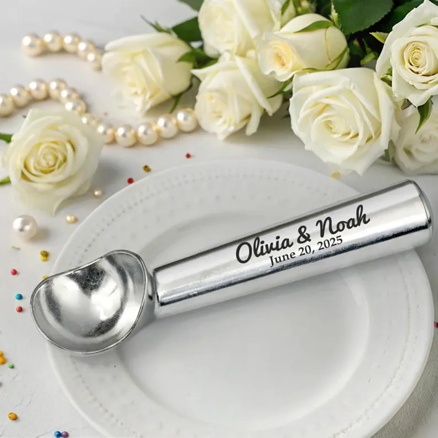 Personalisierte schwarze Eisportionierer – graviertes Hochzeitsgeschenk für Gäste – individuelles Brautparty-Gastgeschenk – einzigartiges Andenken für Hochzeitsfeier (Silber)
