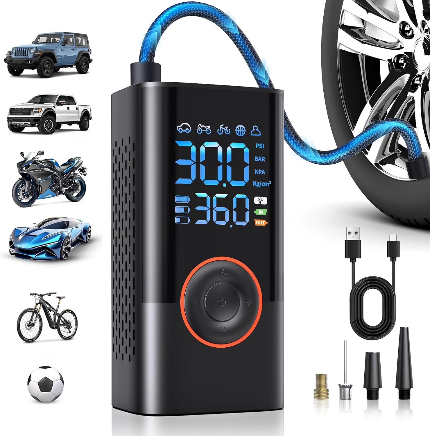 Elektrische Luftpumpe,150PSI/10,3 BAR elektrisch Fahrradpumpe Tragbare Akku 12v Kompressor mit Digital LED-Licht Voreingestellter Reifendruck Auto-Stopp für alle Fahrräder Motorrad Auto