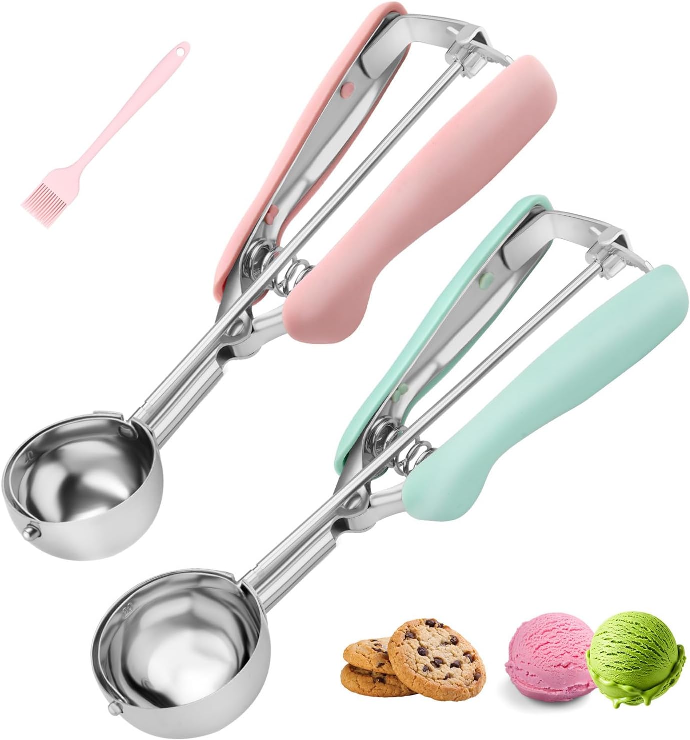 Eisportionierer Keksteig-Portionierer 2er Set, 18/8 Edelstahl Eislöffel mit Auslöser Ergonomischem Soft-Griff, Cookie Scoop für Plätzchen, Muffins Frikadellen, Spülmaschinenfest, Rosa & Mintgrün
