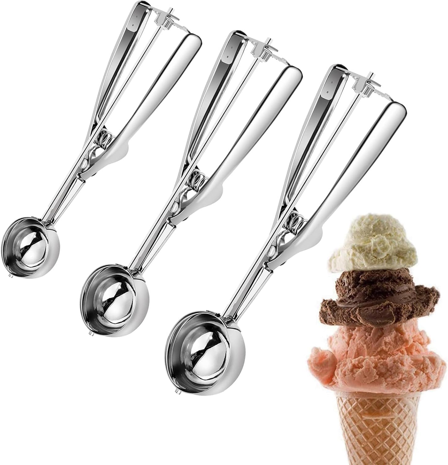 3 Stück Edelstahl Eislöffel Portionierer - Eisportionierer, 3 Eisportionierer in verschiedenen Größen für Eis, Kuchenteig, Melone, Fleischbällchen, Kekse, Obst