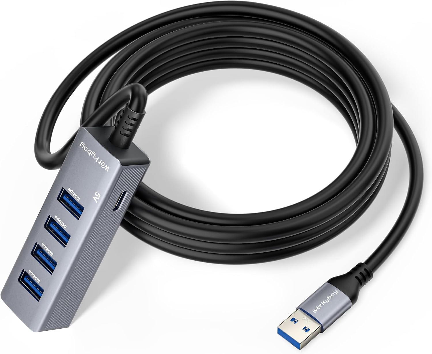 4-Port USB 3.0 Hub, 5Gbps 4*Typ-A USB-Splitter mit 5m Extrem Lange Kabel, USB-Hubs Verteiler für PC, Laptop, Tastatur, Maus, HDD, Stick, Drucker, Konsole, Büro, Home-Office, Gaming usw.