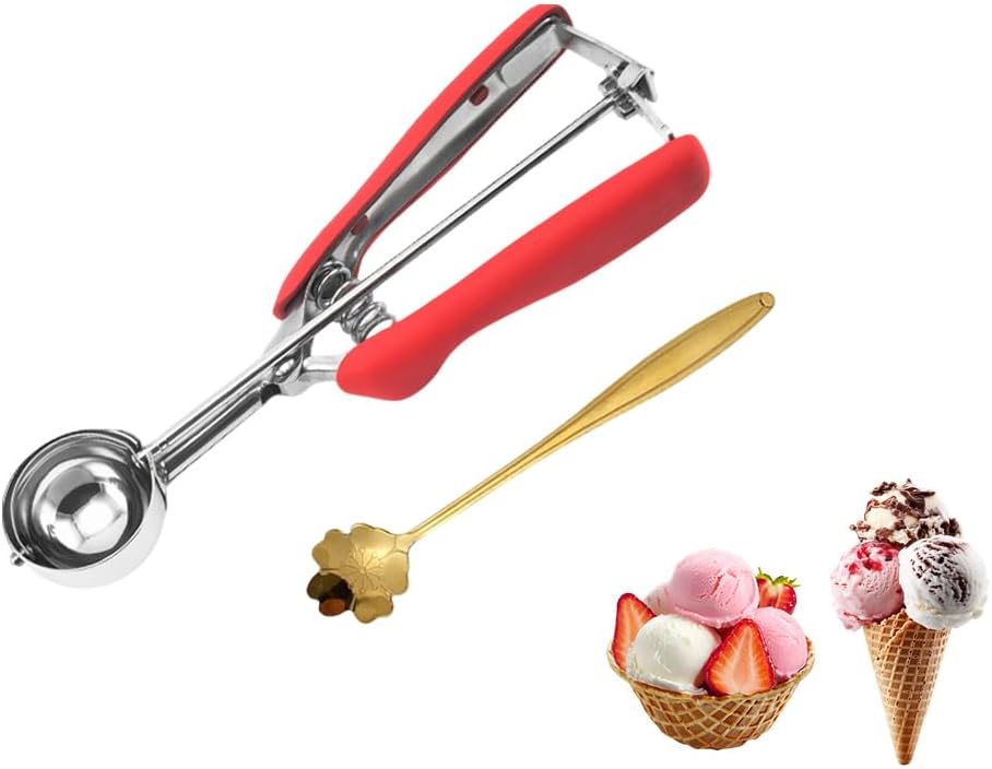 Eisportionierer Edelstahl Poliert,4.4cm Edelstahl Eisportionierer,Cookie Scoop Poliert Mit 1 Kirschblumenlöffel,Geeignet Für Eiscreme,Kartoffelpüree,Teig,Kuchen (Rot)