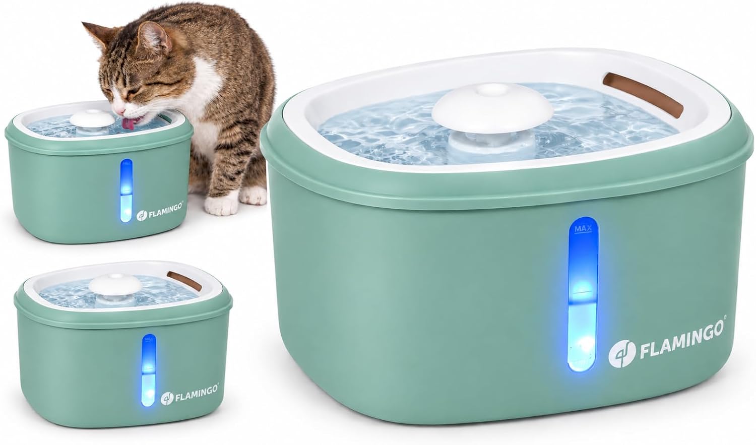 katzenbrunnen - Flamingo Finto grün - 2,5L - Kunststoff - super leise Pumpe mit Auto-Stopp - Aktivkohle- und Harzfilter - LED-Wasserstandsanzeige