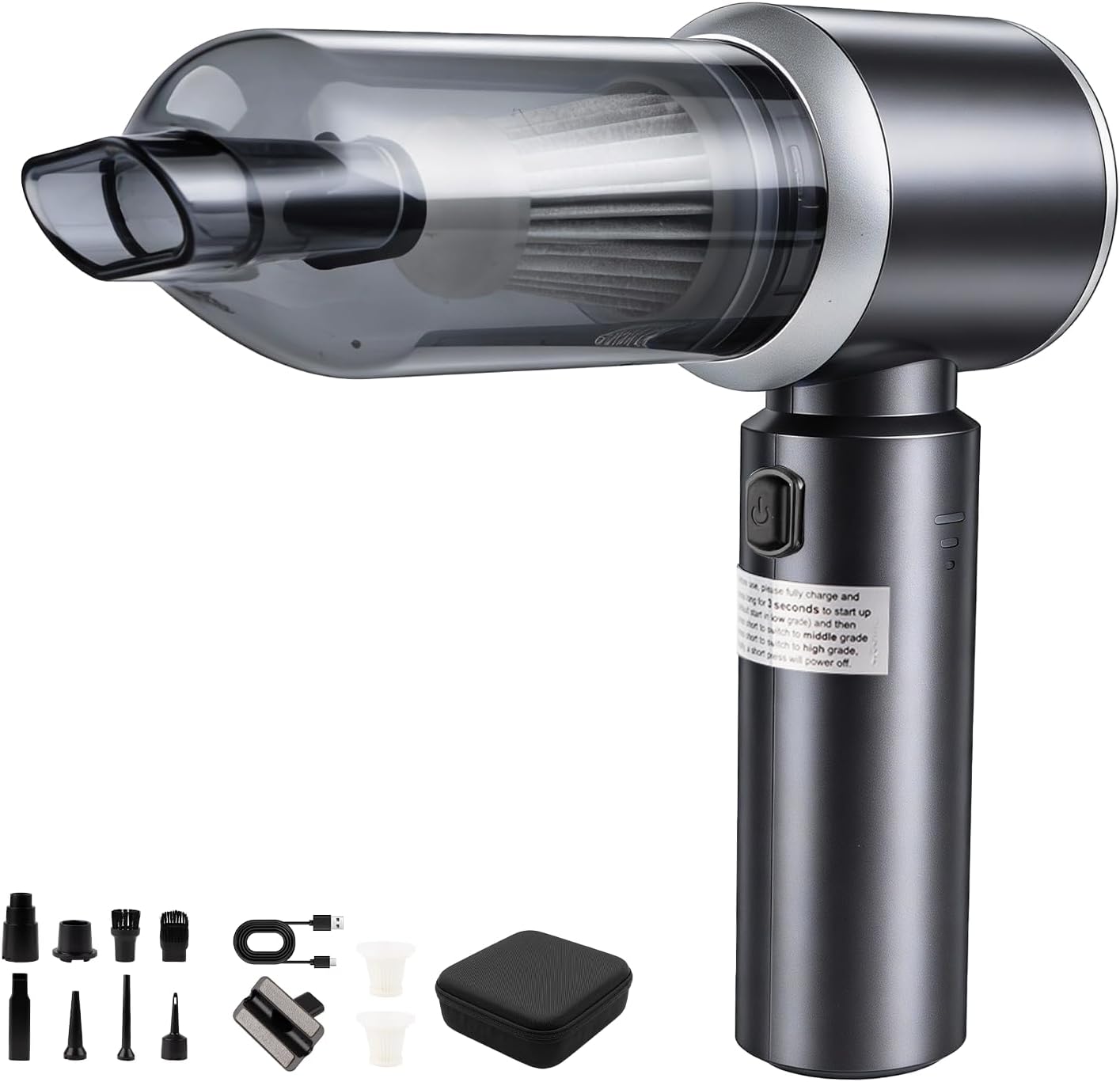 Handstaubsauger Akku 6000mAh, 100W Bürstenloser Motor Saugstark, 3-Gang 26000Pa Kabelloser Autostaubsauger, 4-in-1 Mini Staubsauger mit Gebläse für Auto, Haushalt, Tierhaare, PC