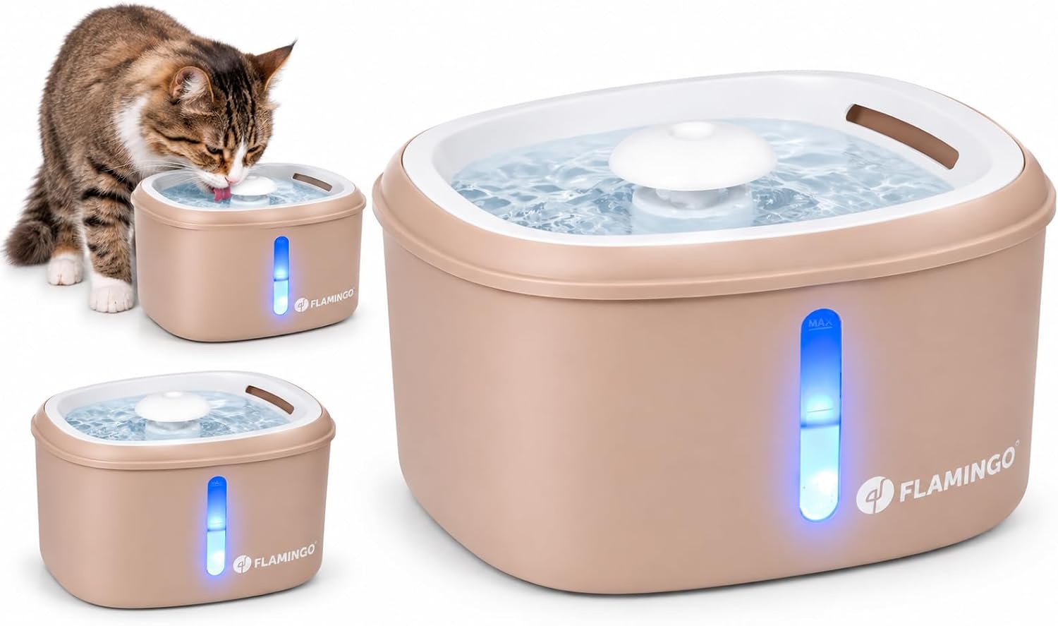 katzenbrunnen - Flamingo Finto beige - 2,5L - Kunststoff - super leise Pumpe mit Auto-Stopp - Aktivkohle- und Harzfilter - LED-Wasserstandsanzeige