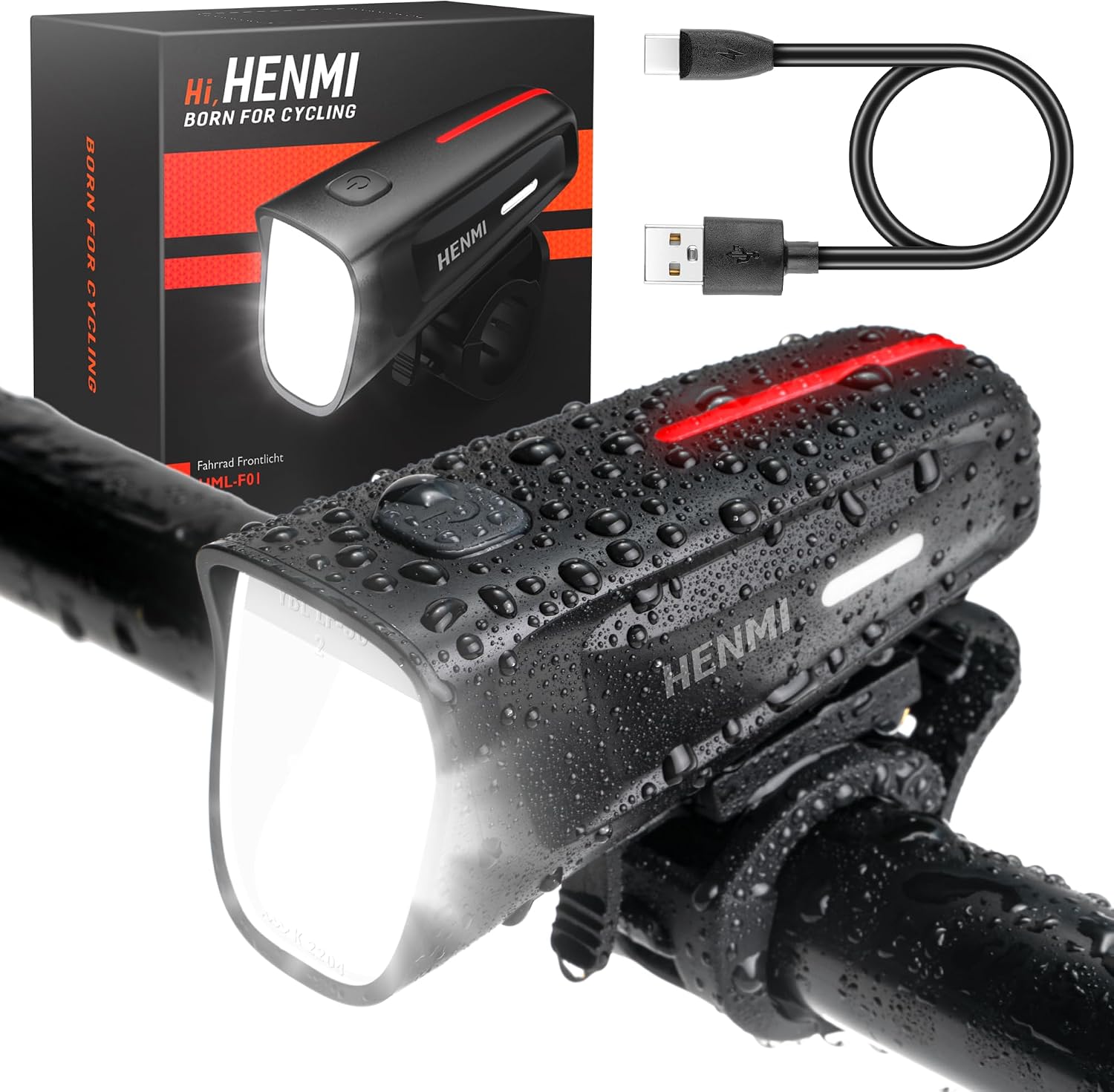 HENMI LED Fahrradlicht Vorne,100 Lux USB Aufladbar Fahrradbeleuchtung