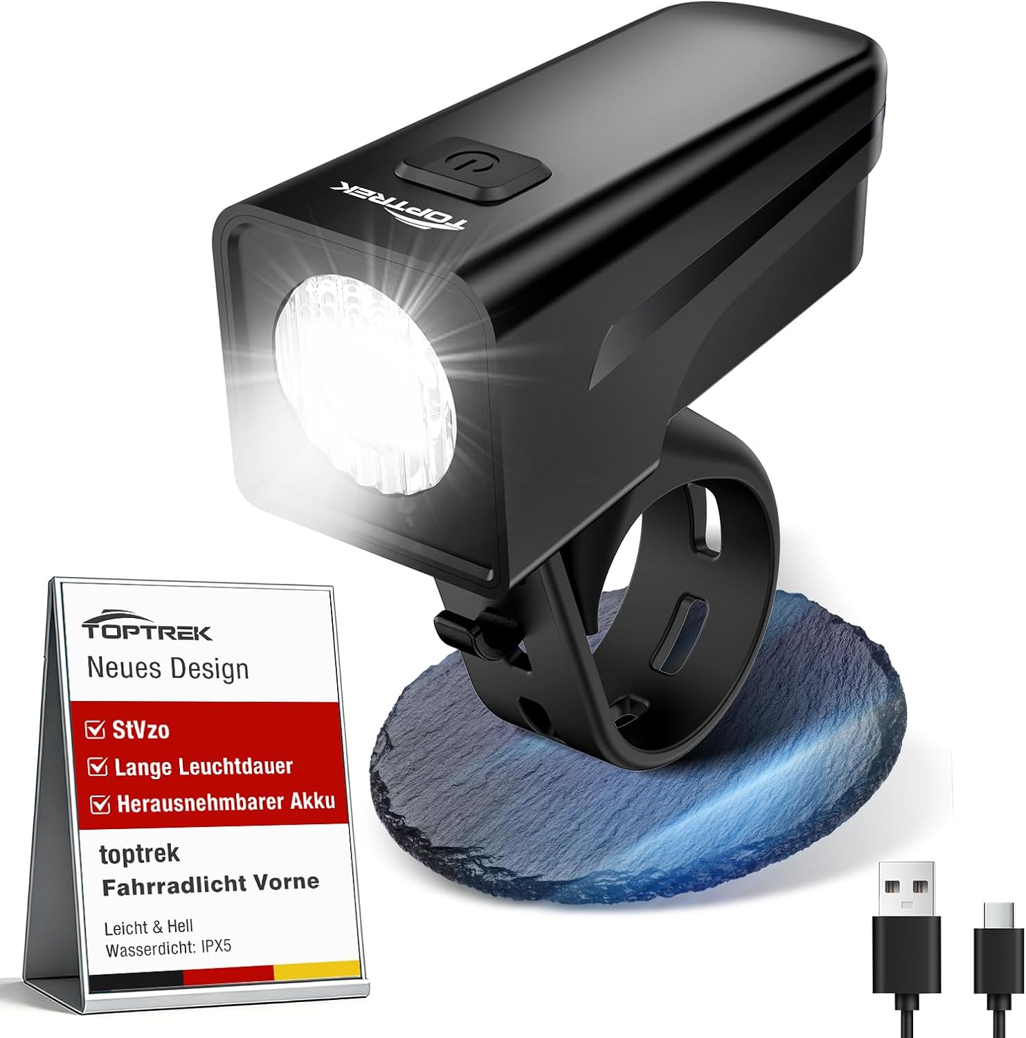 toptrek Led Fahrradlicht Vorne USB C Aufladbar mit 5-11h Akkulaufzeit