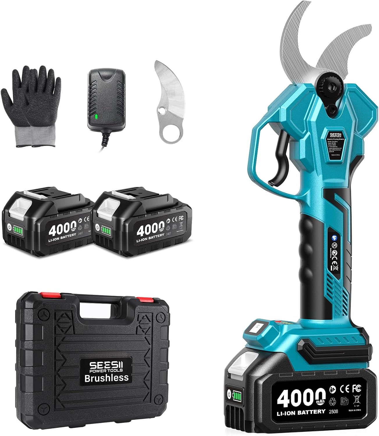 SEESII Akku Astschere Teleskop – 4,5 m Gesamtreichweite, 55 mm Schnitt, Elektrische Gartenschere mit LED-Arbeitslicht, 2× 4000 mAh Akkus, SK5-Klinge, 2-in-1 für Baum-, Strauch- & Heckenpflege