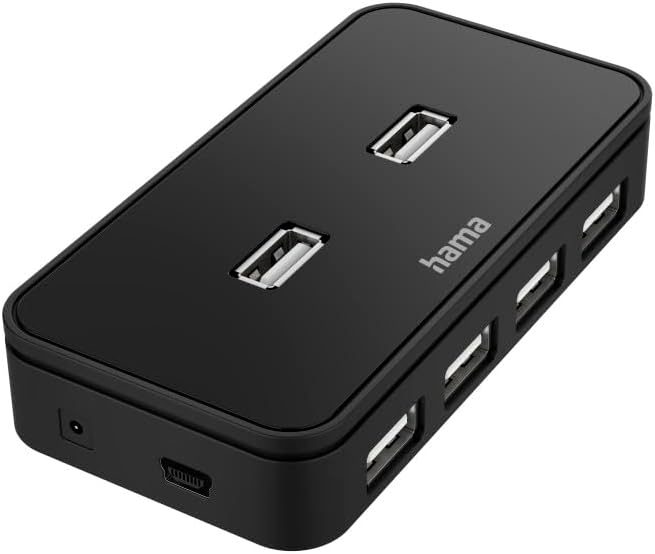 Hama USB Hub, 7 Ports (USB 2.0 Hub, 480 Mbit/s, ,mit Netzteil und abnehmbarem Kabel, ideal zum Verbinden von Maus, Tastatur, Festplatte mit PC, Laptop, Tablet, MacBook)