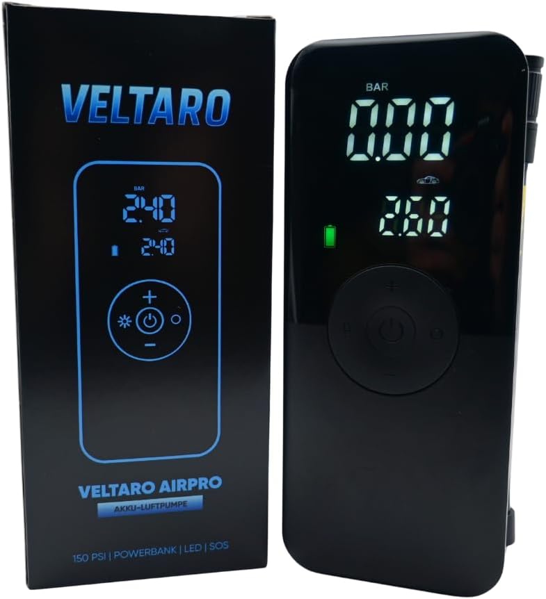 AirPro elektrische Akku Luftpumpe mit Powerbank, 150 PSI, USB C, LED und SOS, Ventilschraubanschluss, integriertes Adapterfach, für Auto, Fahrrad, Motorrad und Ball