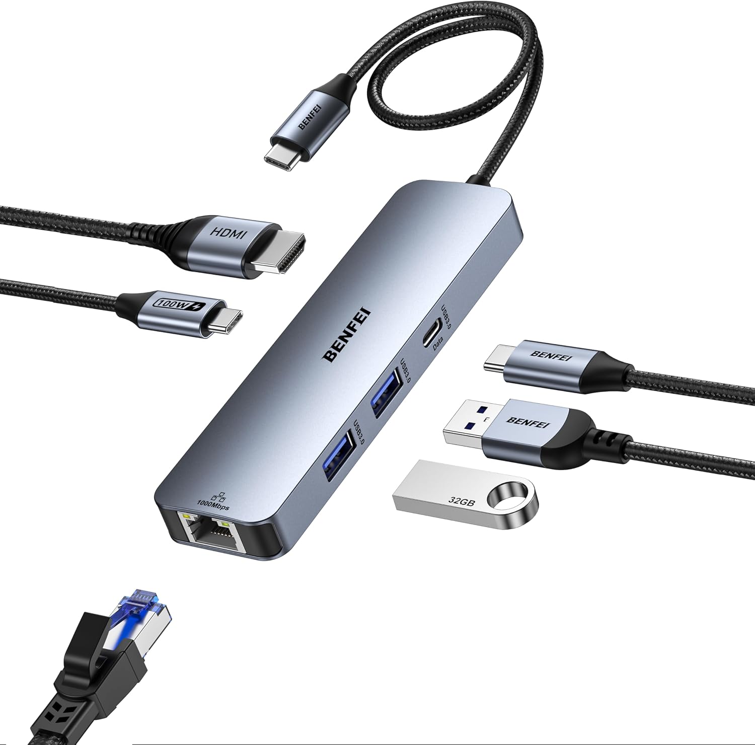 BENFEI 6in1 USB C HUB mit HDMI 4K@60Hz/ Gigabit Ethernet/100W PD Stromversorgung/3*USB A 5Gbps [Silikonkabel Aluminiumgehäuse] kompatibel mit iPhone 15 Pro/Max MacBook iPad Pro iMac S23 XPS17