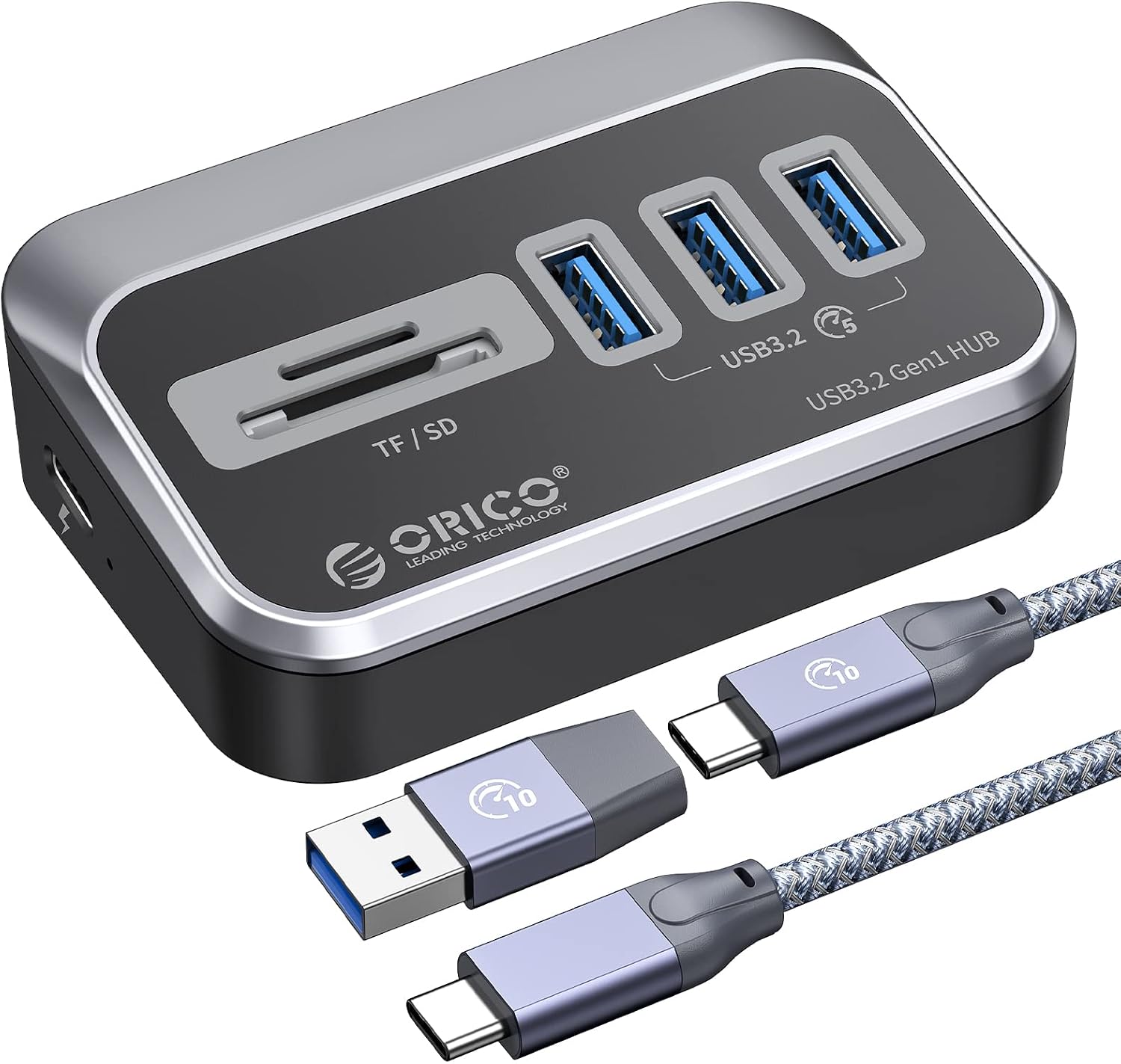 ORICO USB 3.0 Hub, Type C Splitter Mit 3 USB 3.2 Gen 1 Data Port Und SD/TF Kartenleser, 5 Gbps Verteiler Mit 2 in 1 Kabel Für MacBook, Mac Pro, Hubs, Docking Stations